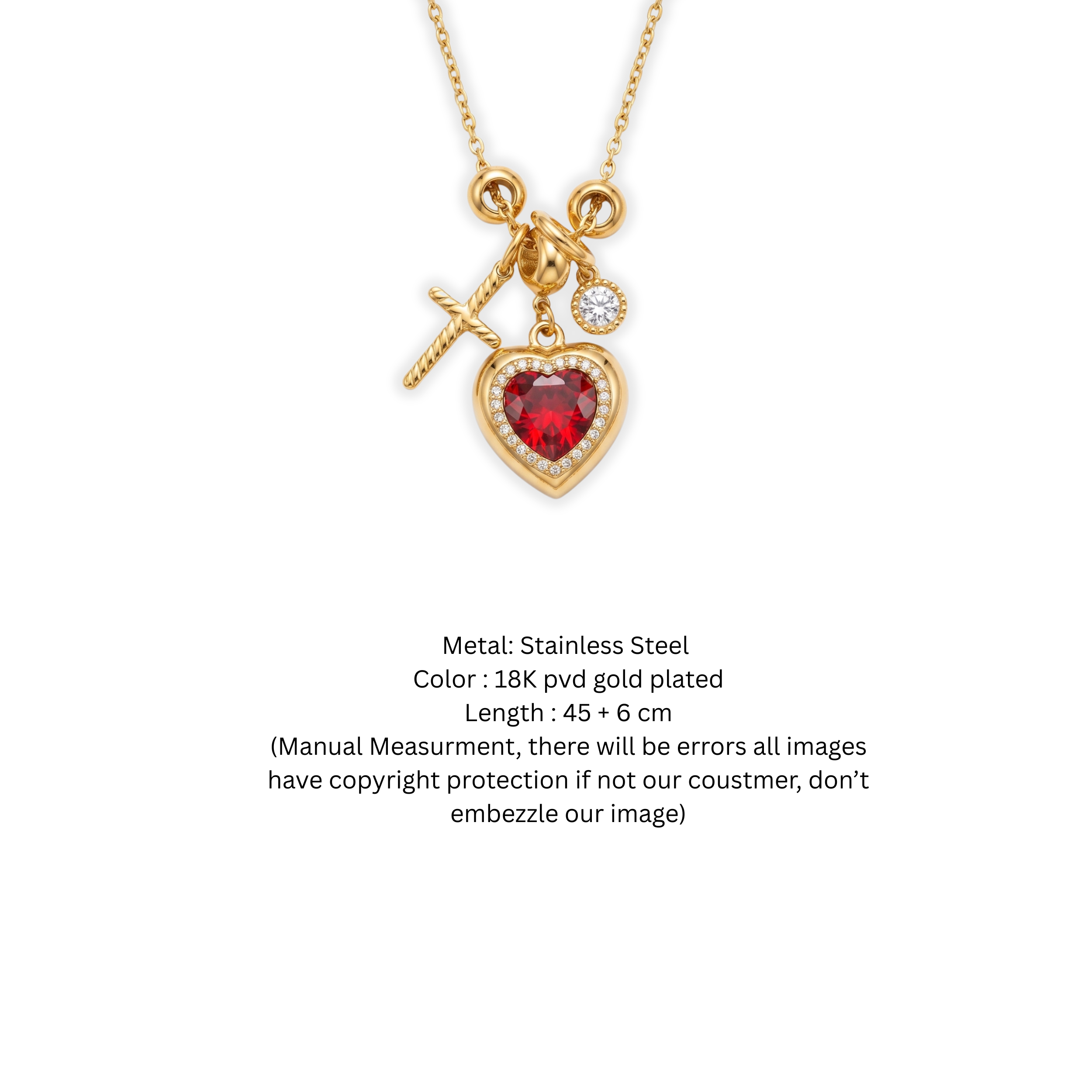 Gold Plated Ruby Red Heart Charm Pendant Necklace with Cross and Solitaire Accents