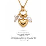 18K Gold Plated Heart Charm Necklace with Crystal Cross & Baroque Pearl Accent