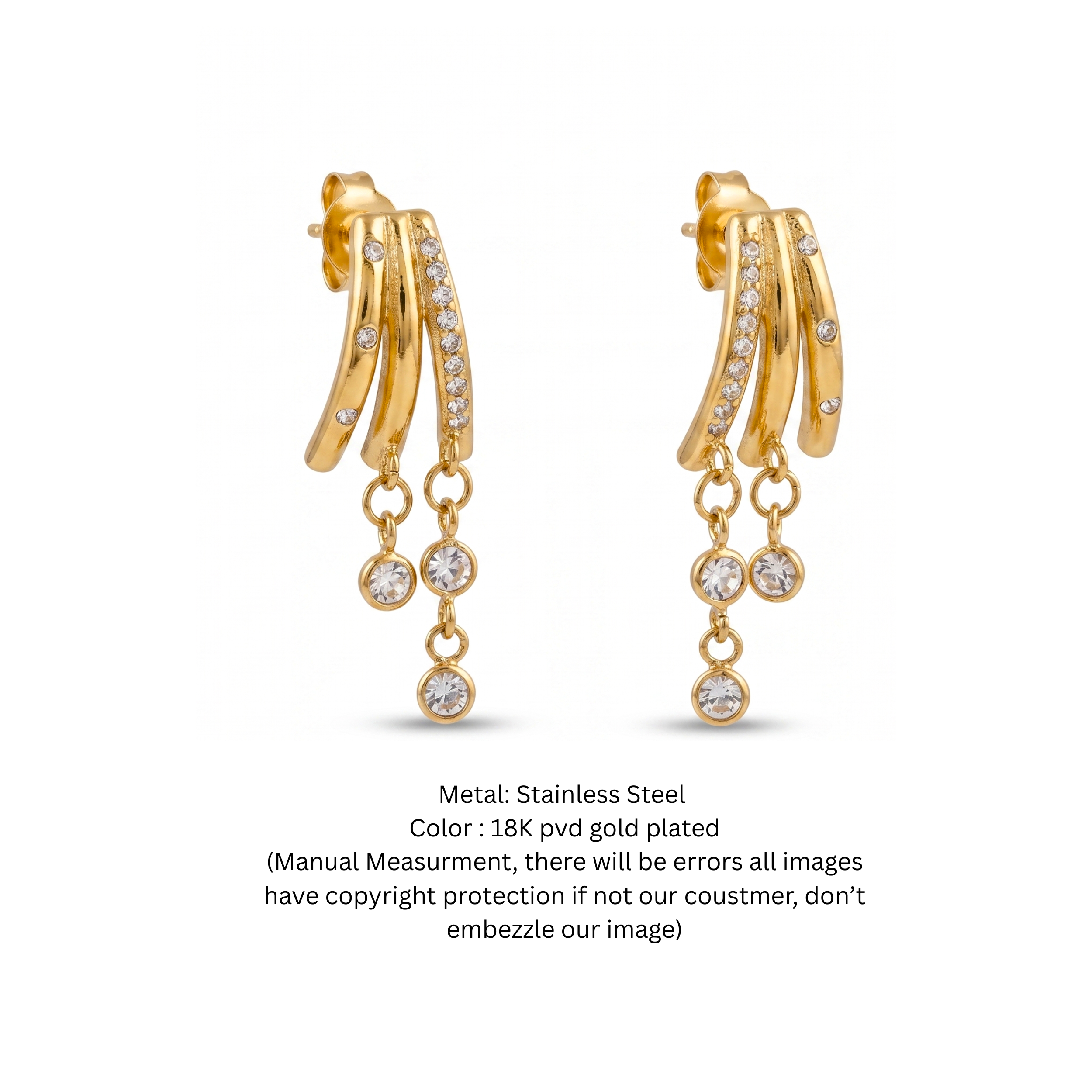 18K Gold Plated Triple-Strand Waterfall Chandelier Earrings