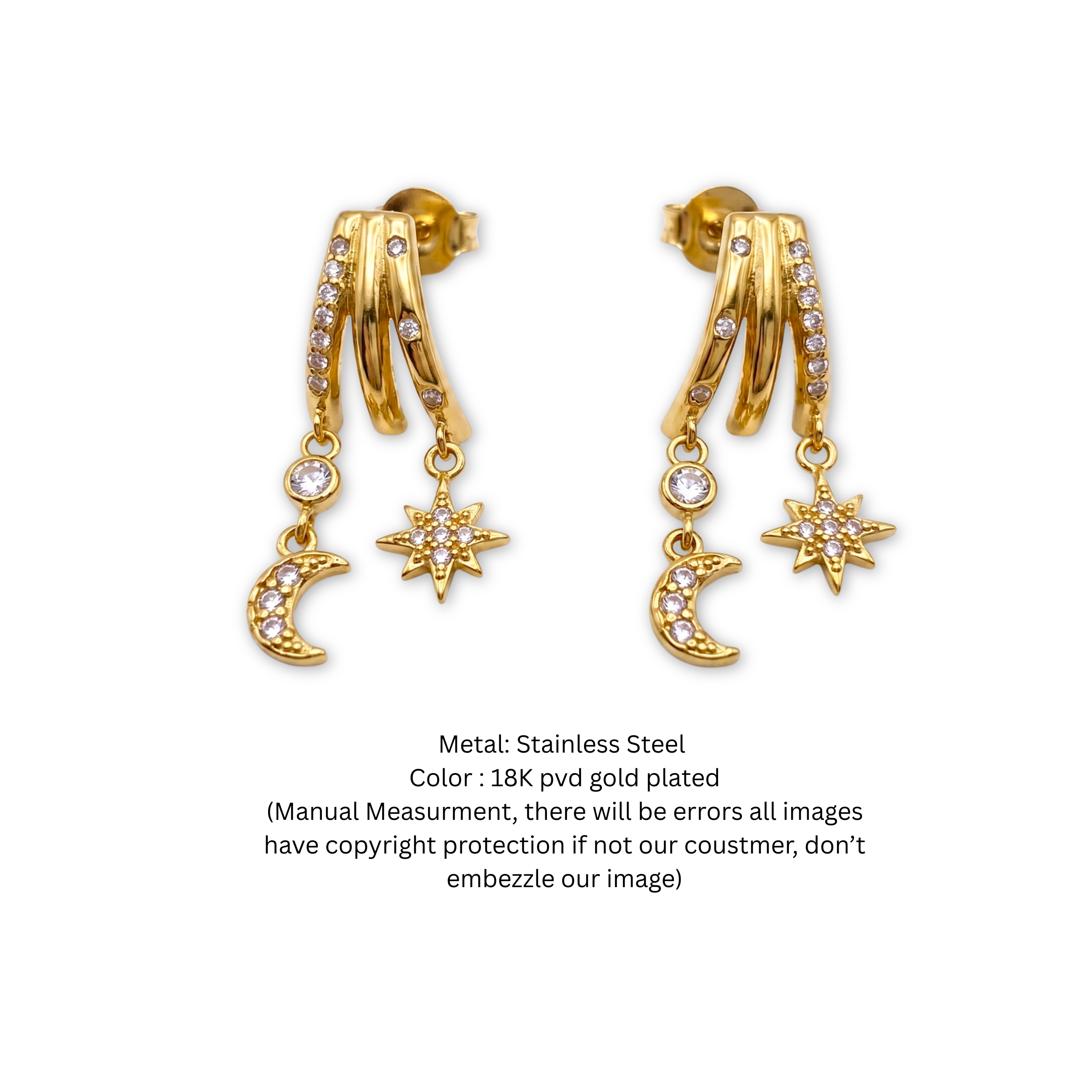18K Gold Plated Celestial Star and Crescent Moon Dangle Earrings
