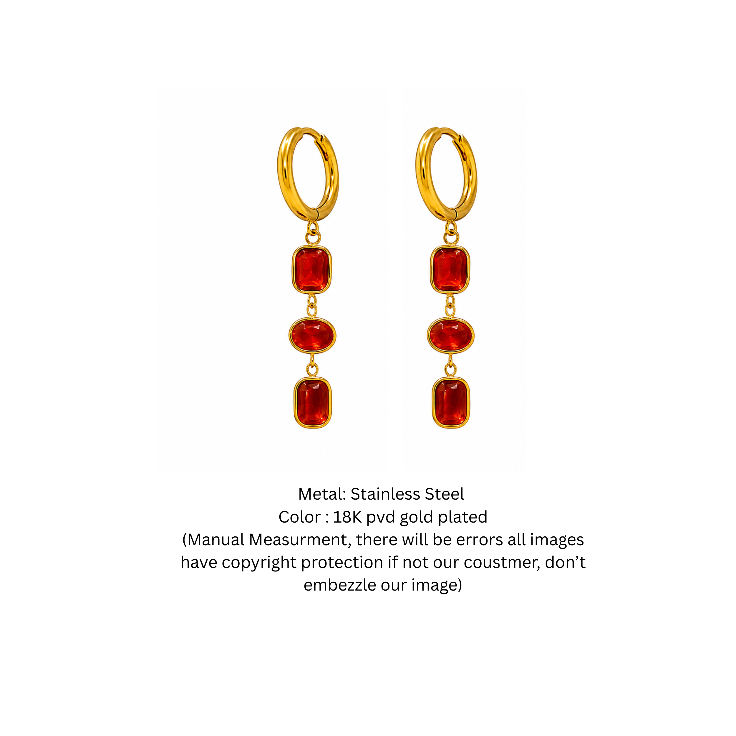 Elegant 18K Gold-Plated Drop Earrings with Triple Cushion-Cut Ruby Red Stones