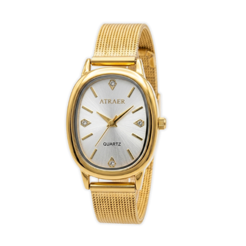 ATRAER Luxury Women’s Gold Mesh Quartz Watch – Oval Silver Dial with Diamond Accents