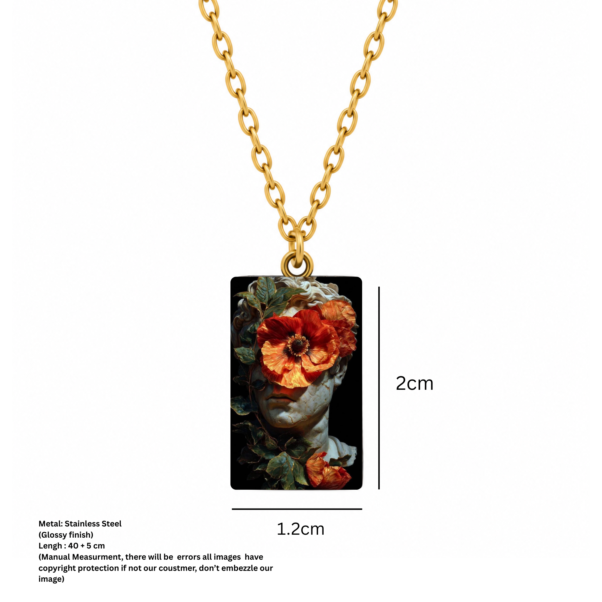 Classical Red Poppy Marble Bust Art Pendant Necklace