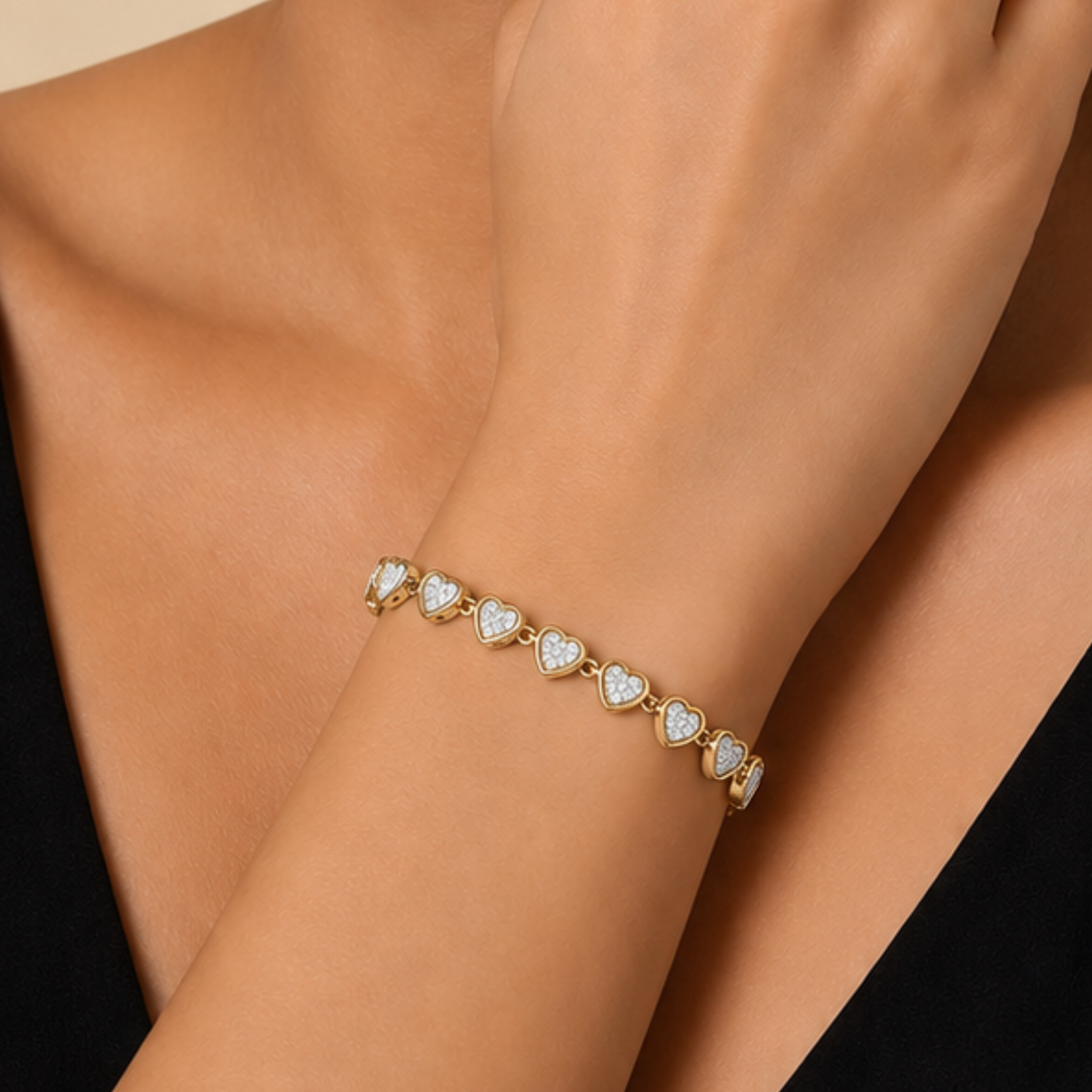 18K Gold Plated Heart Link Bracelet with White Crystal Pavé