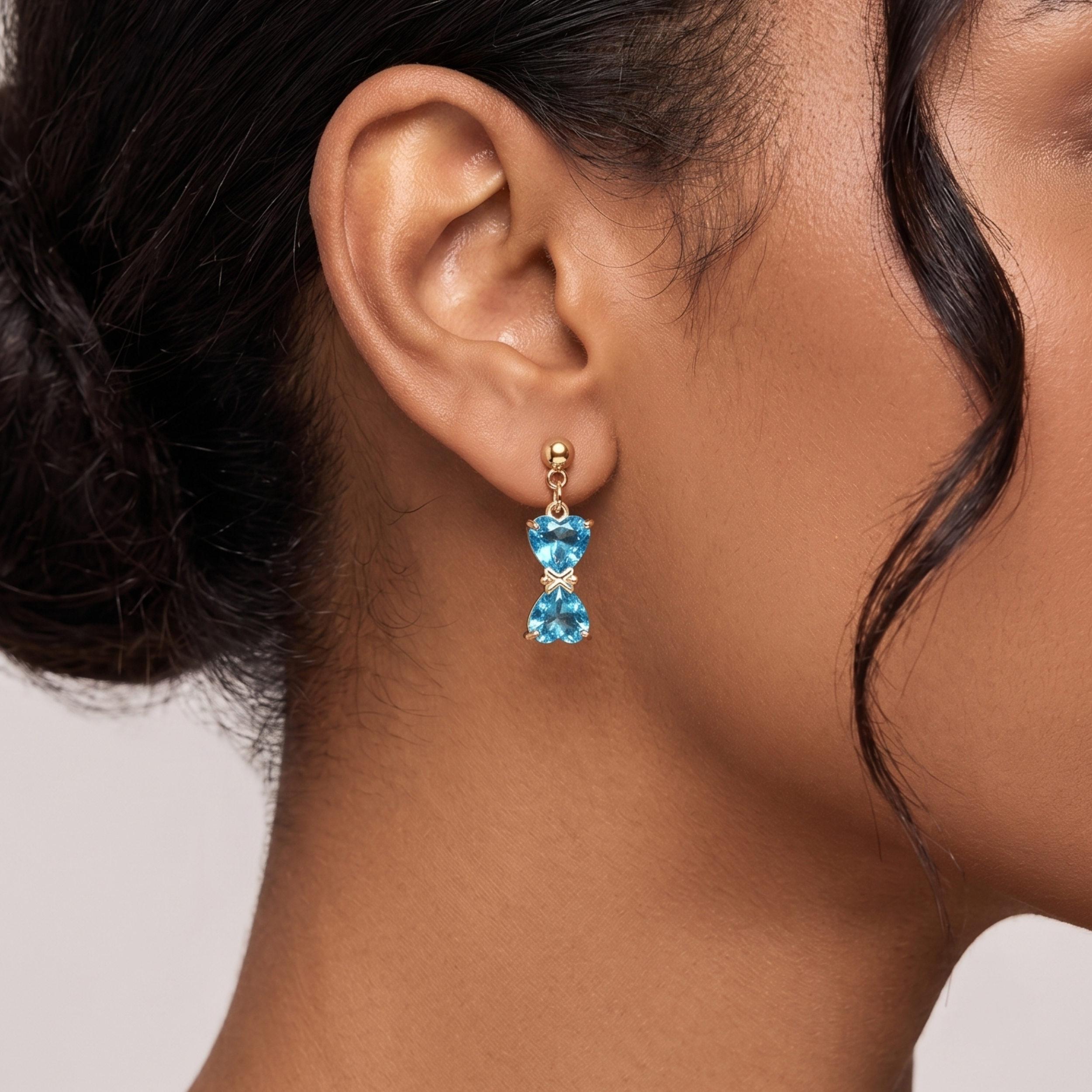 18K Gold Plated Blue Topaz Double-Heart Dangle Earrings