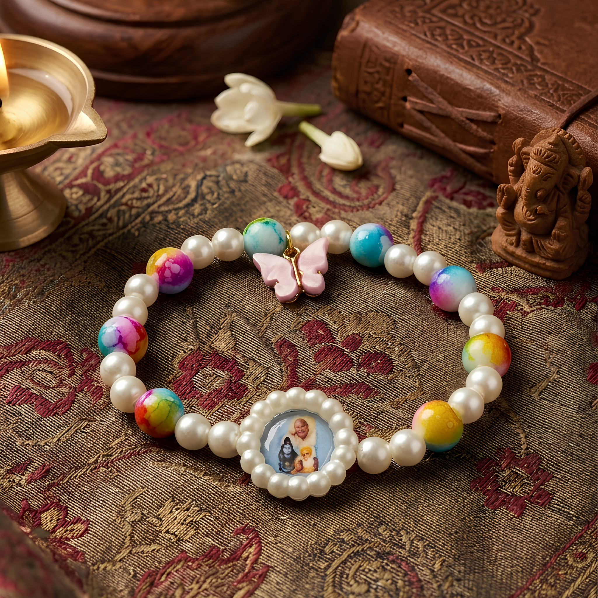 Vibrant Spiritual Pearl Bracelet with Deity Pendant and Butterfly Charm