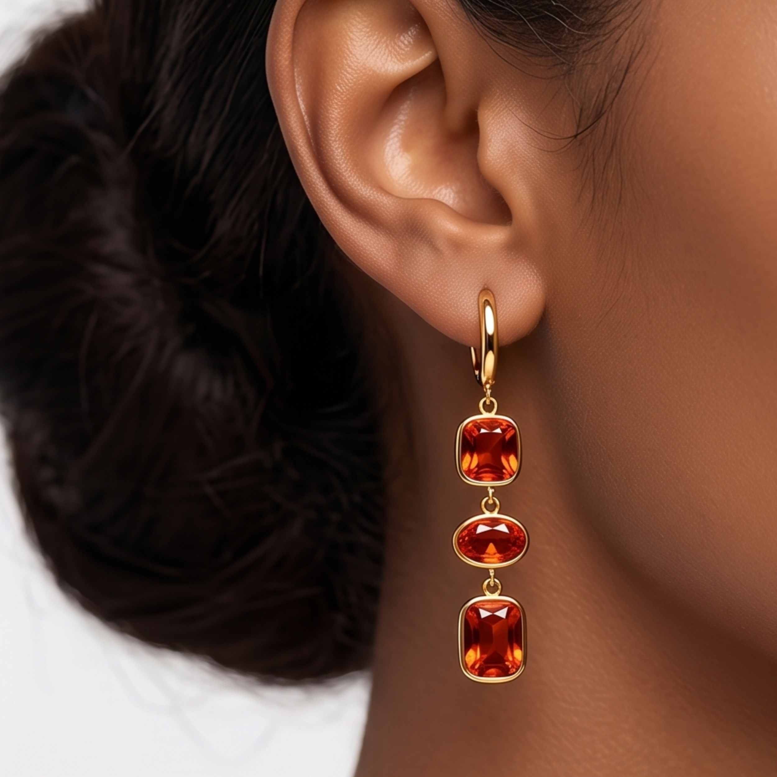 Elegant 18K Gold-Plated Drop Earrings with Triple Cushion-Cut Ruby Red Stones
