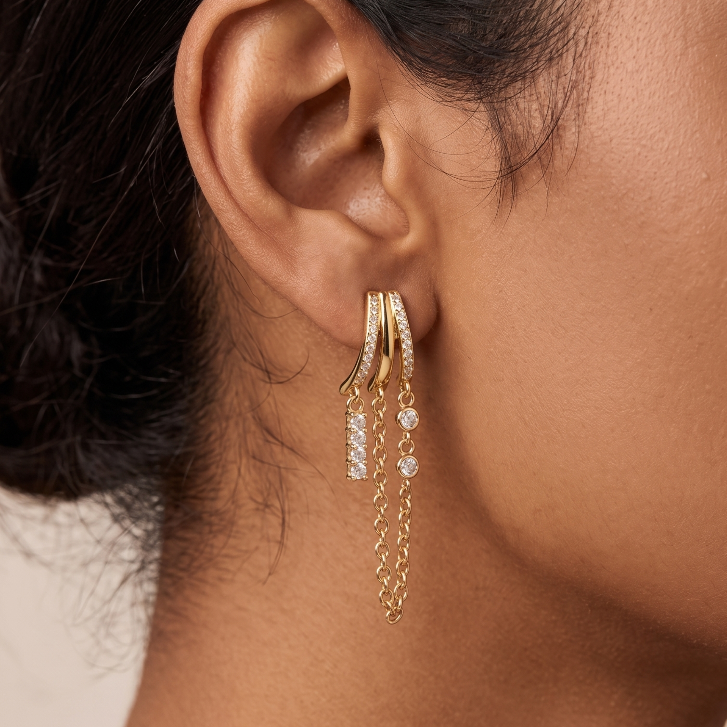 18K Gold-Plated Triple Claw Chain Drop Earrings