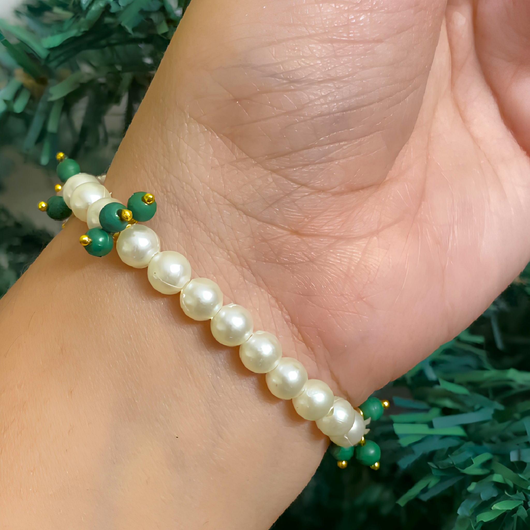 Guru Ji Sacred Blessings Pearl Bracelet with Royal Red Meenakari Lotus Sidebands