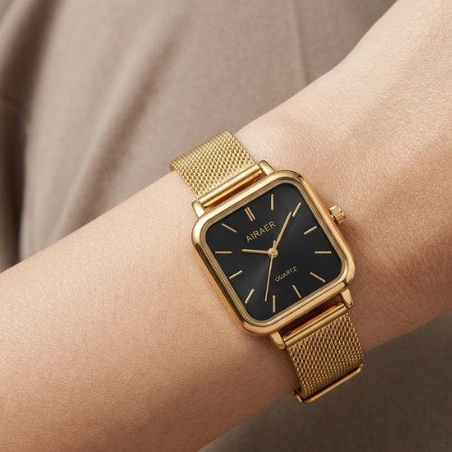 Minimalist Women's Square Gold Watch | Sleek Black Dial with Golden Line Markers & Mesh Strap