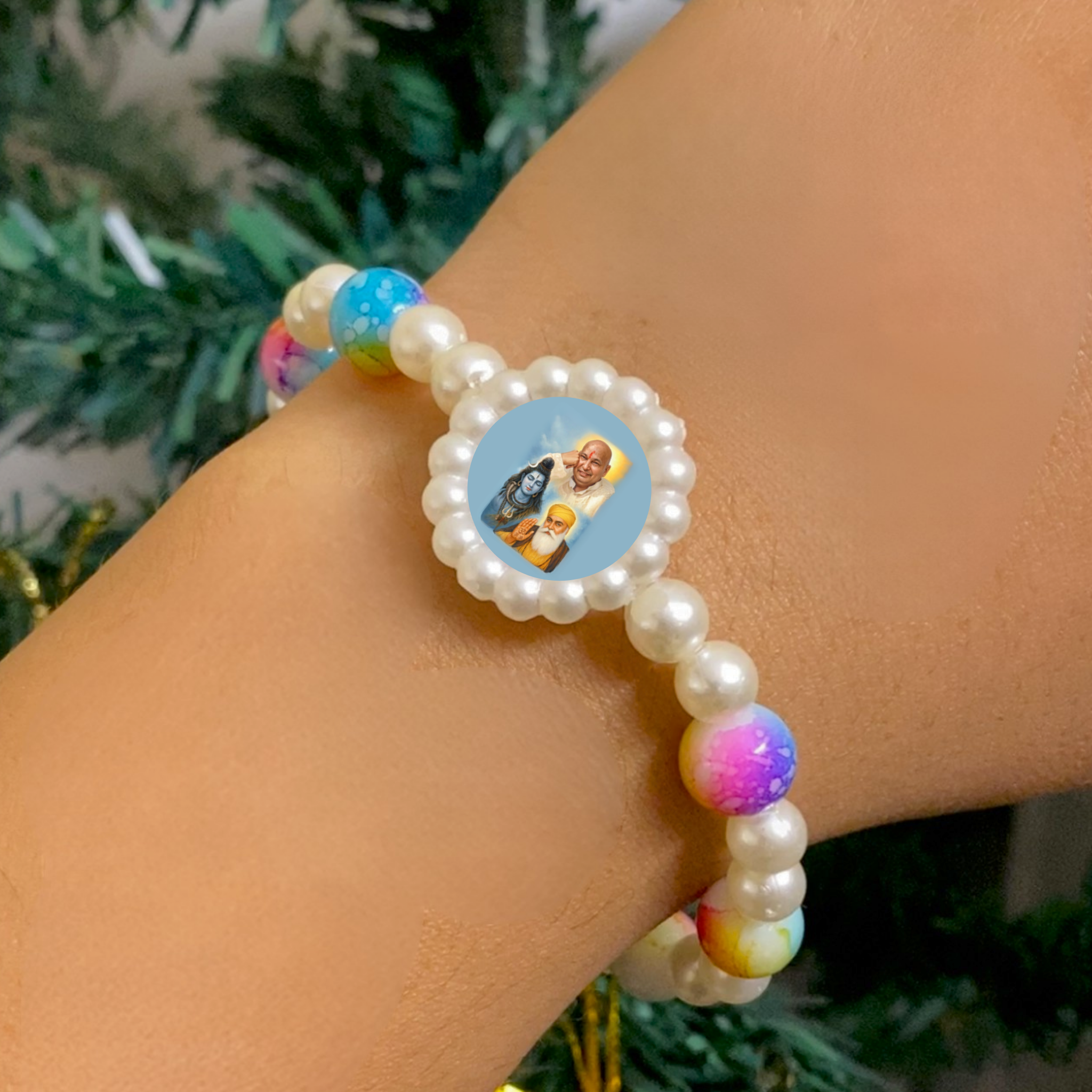 Vibrant Spiritual Pearl Bracelet with Deity Pendant and Butterfly Charm