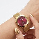 TYRAXR Women's Square Gold-Tone Mesh Watch with Rich Burgundy Dial