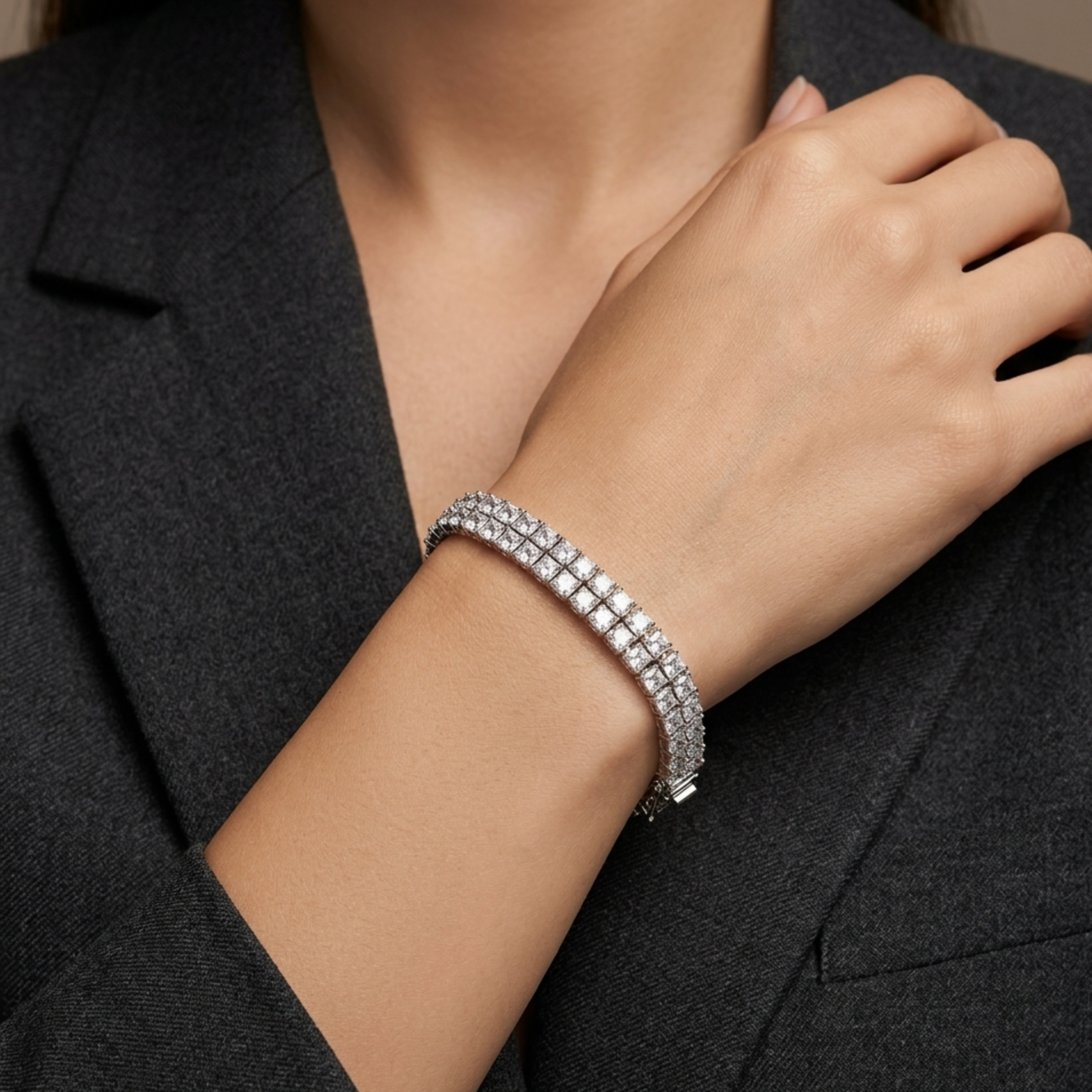 Double Row Princess Cut Cubic Zirconia Tennis Bracelet in Silver Finish