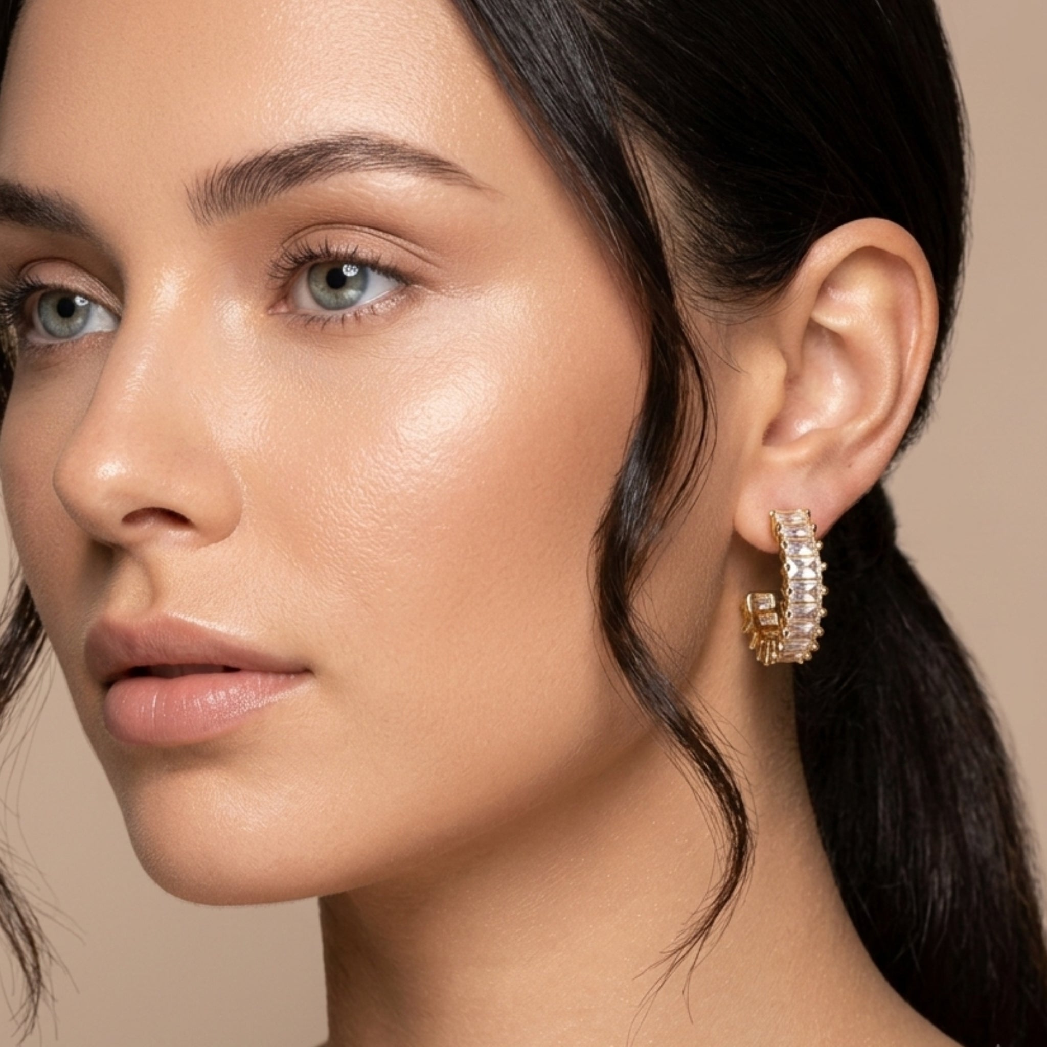 Gold-Tone Baguette Stone Hoop Earrings