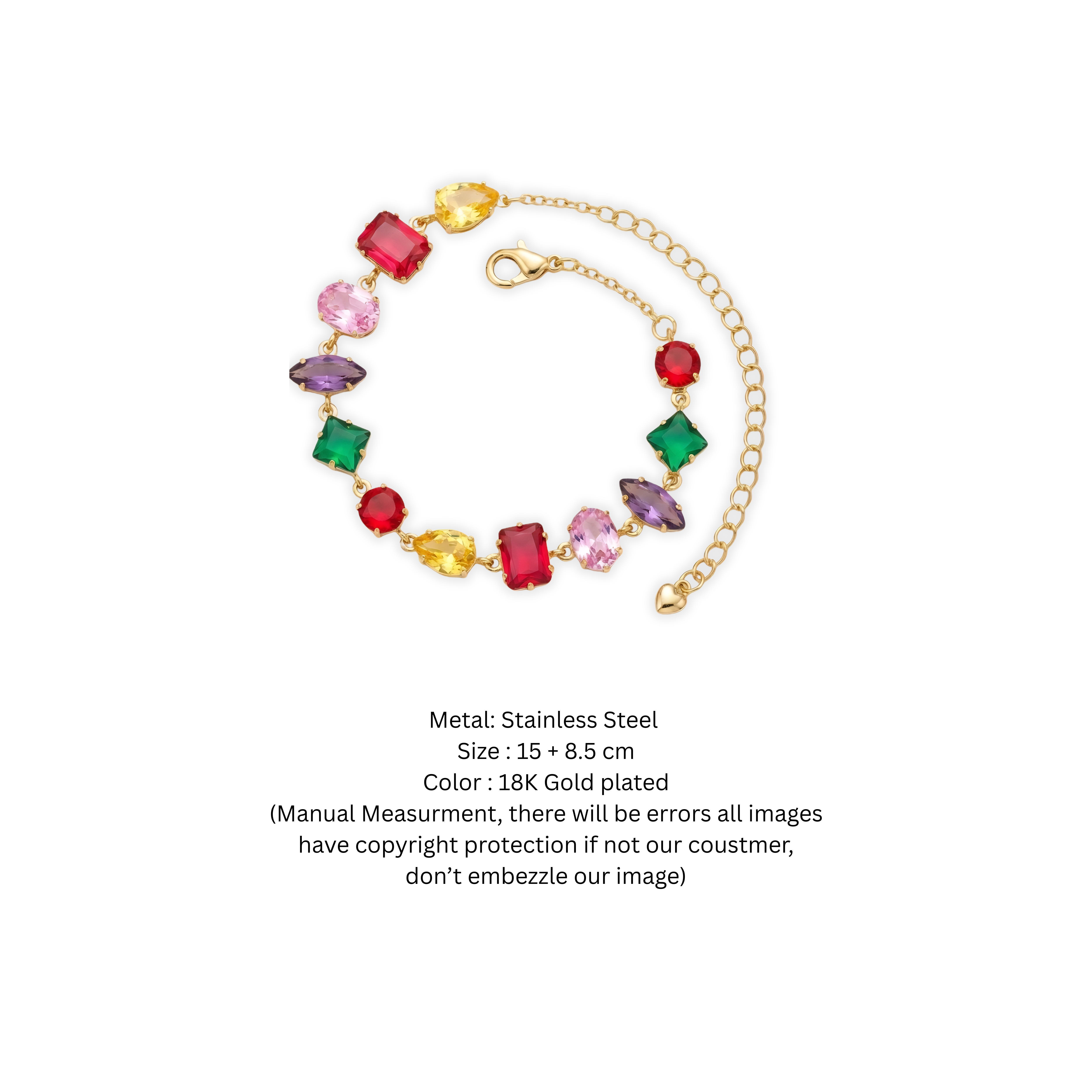 Multi-Shape Mixed Gemstone Linked Bracelet in 18K Gold Finish