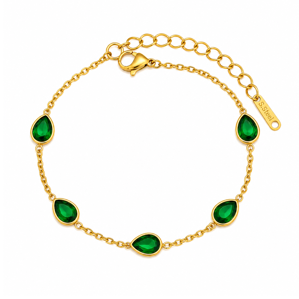 Luxury Gold & Emerald-Green Tear-Drop Bezel Bracelet