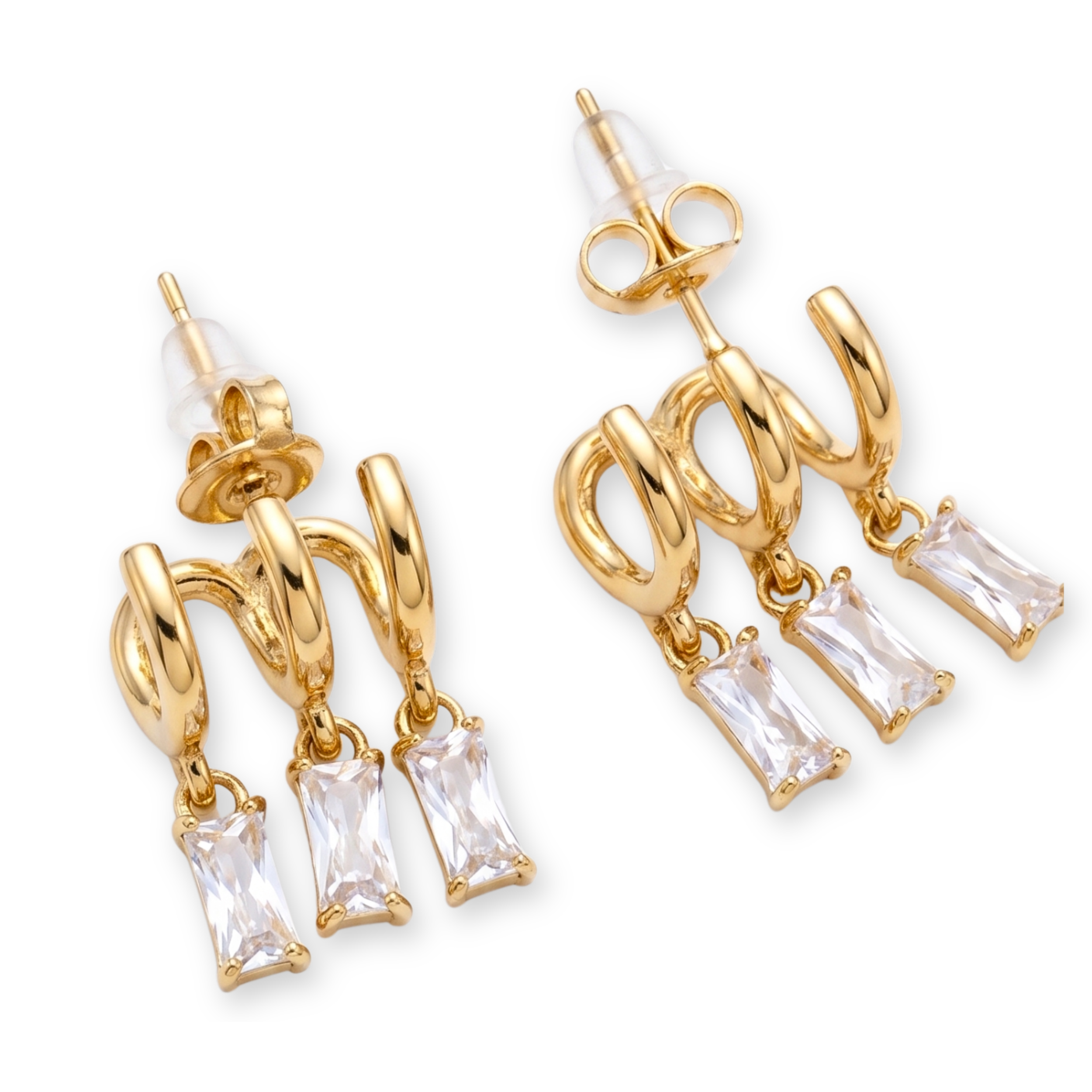 18K Gold Plated Triple Layer Huggie Hoop Earrings with Baguette Charms