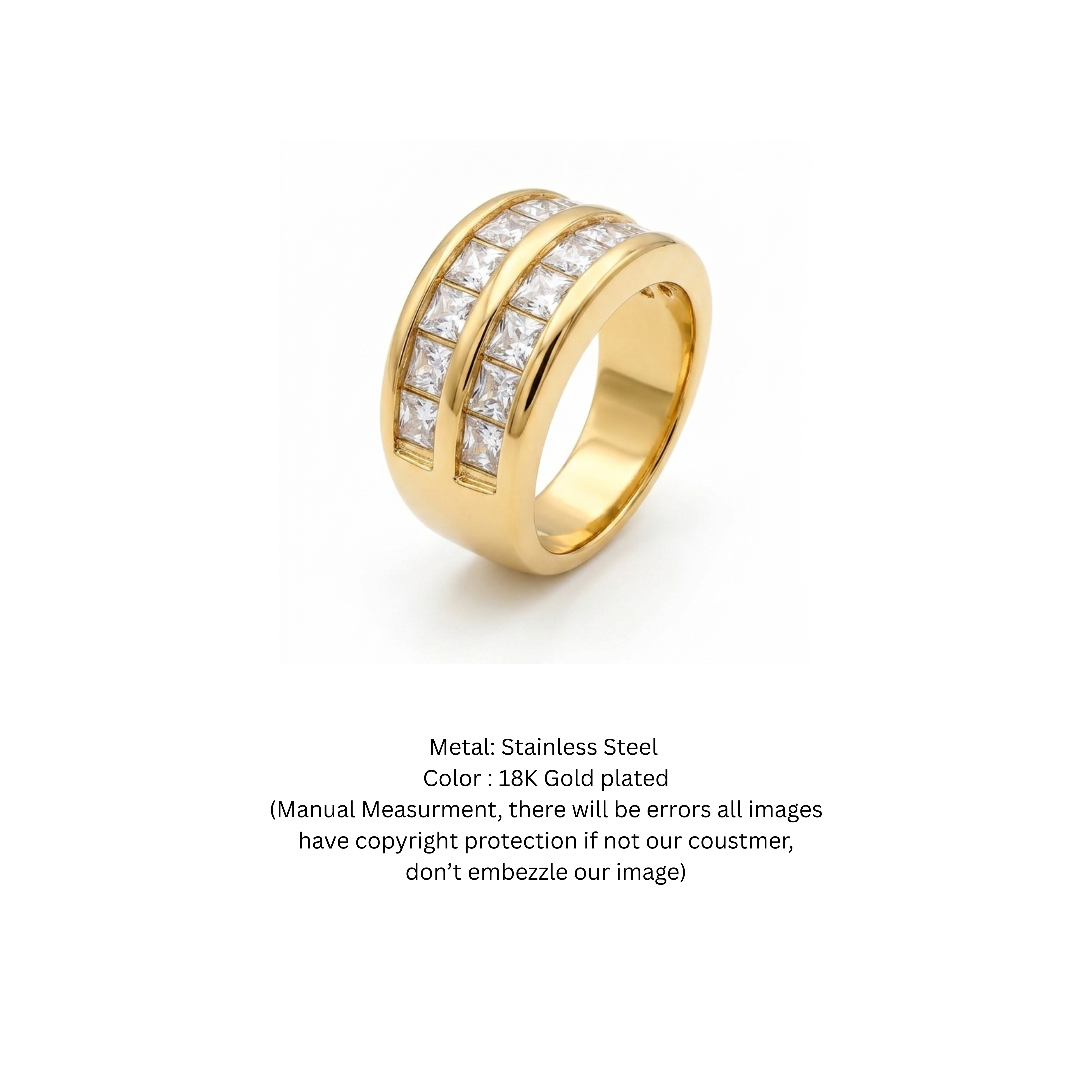 Double Row Princess Cut Cubic Zirconia Wide Band Ring in 18K Gold Finish