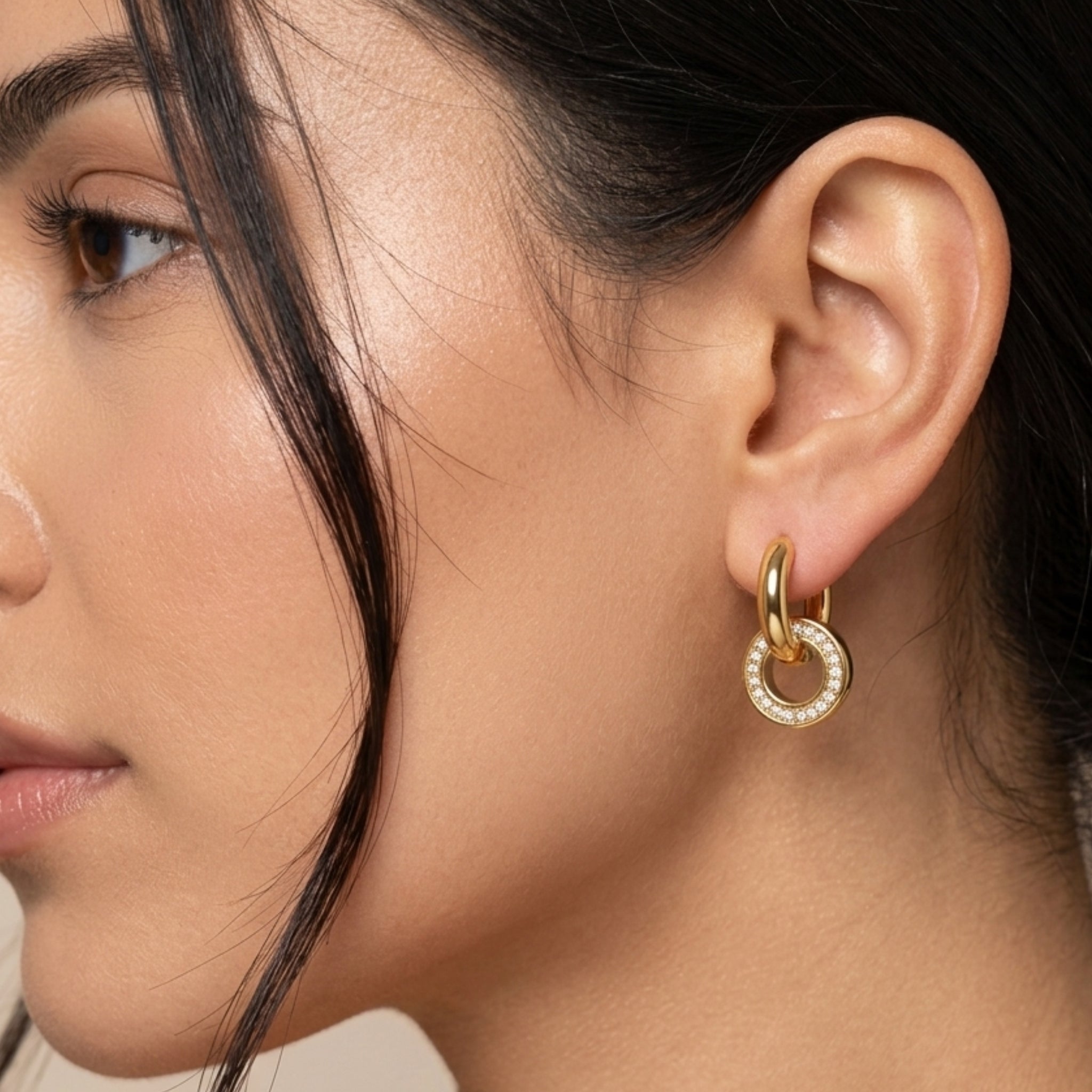 Gold-Tone Pavé Circle Drop Hoop Earrings