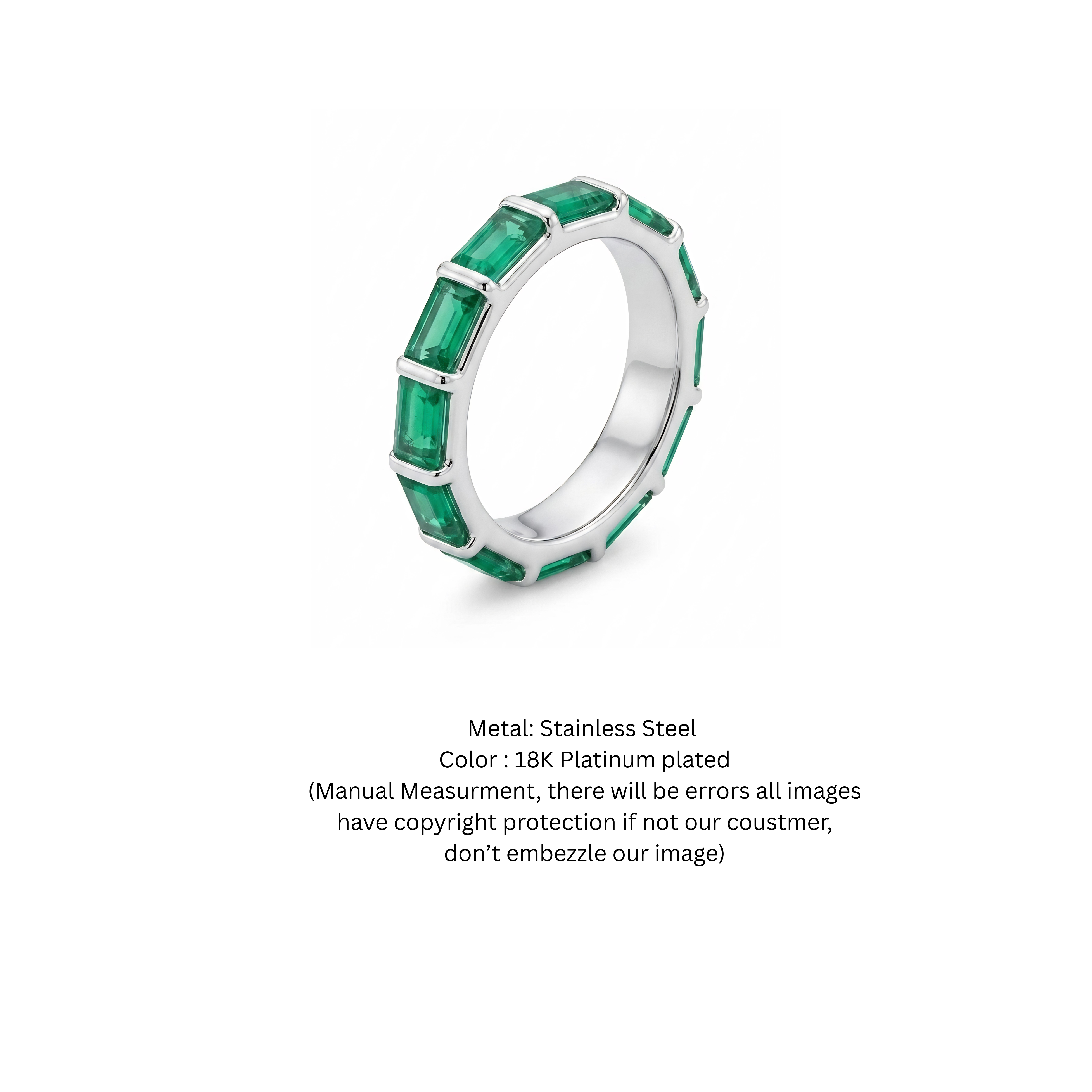 Emerald Cut Green Crystal Eternity Band in Sterling Silver Finish