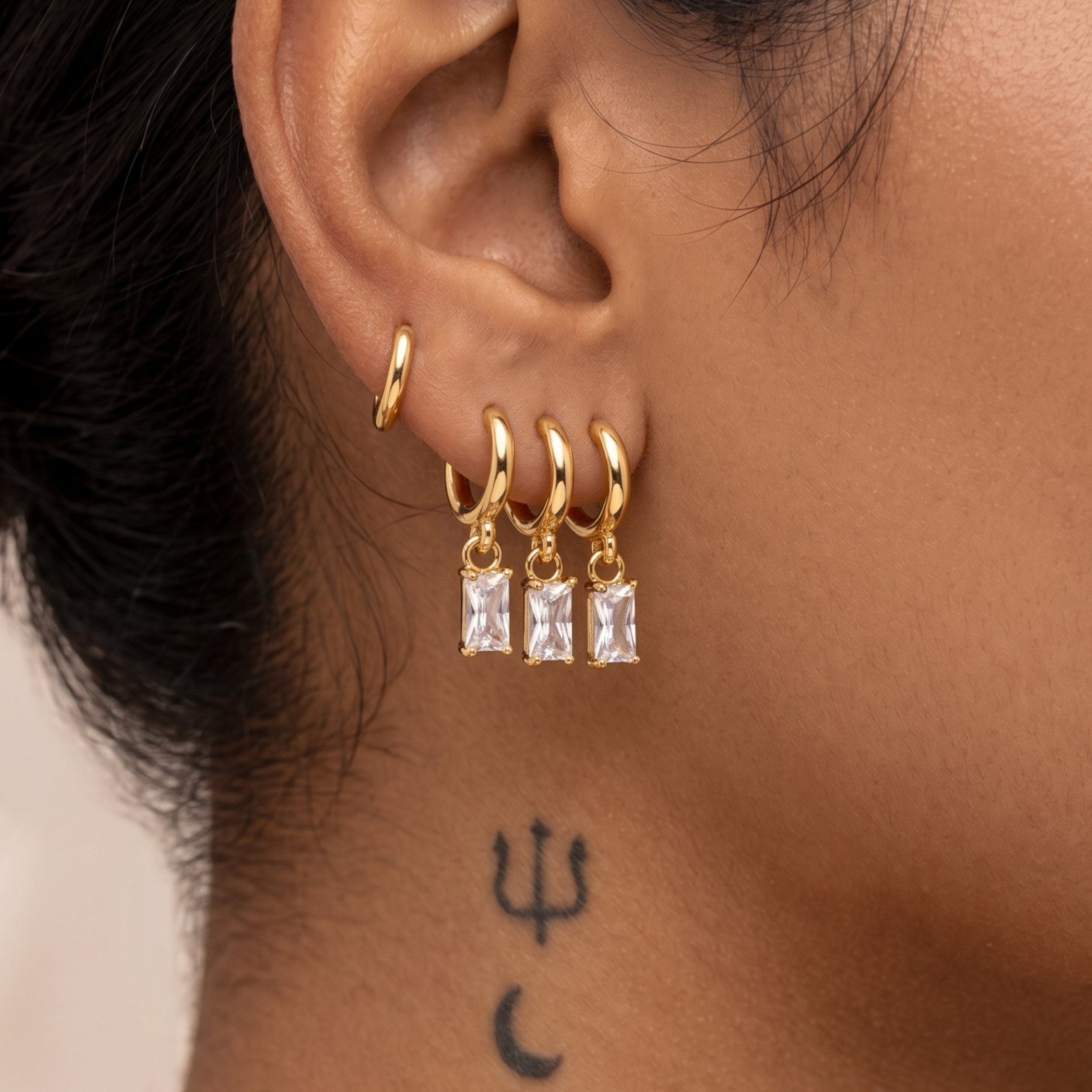 18K Gold Plated Triple Layer Huggie Hoop Earrings with Baguette Charms