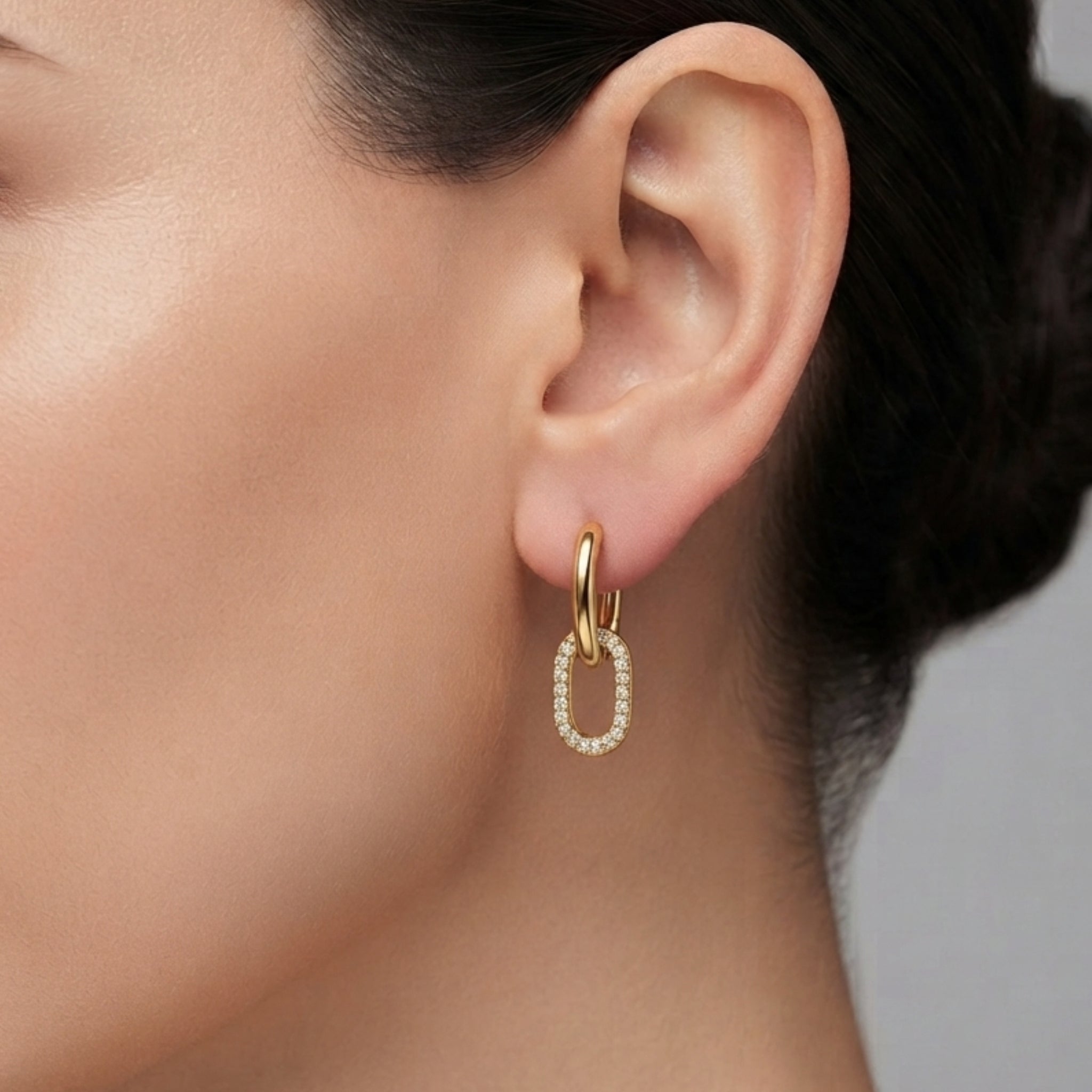 Gold-Tone Pavé Oval Link Drop Hoop Earrings