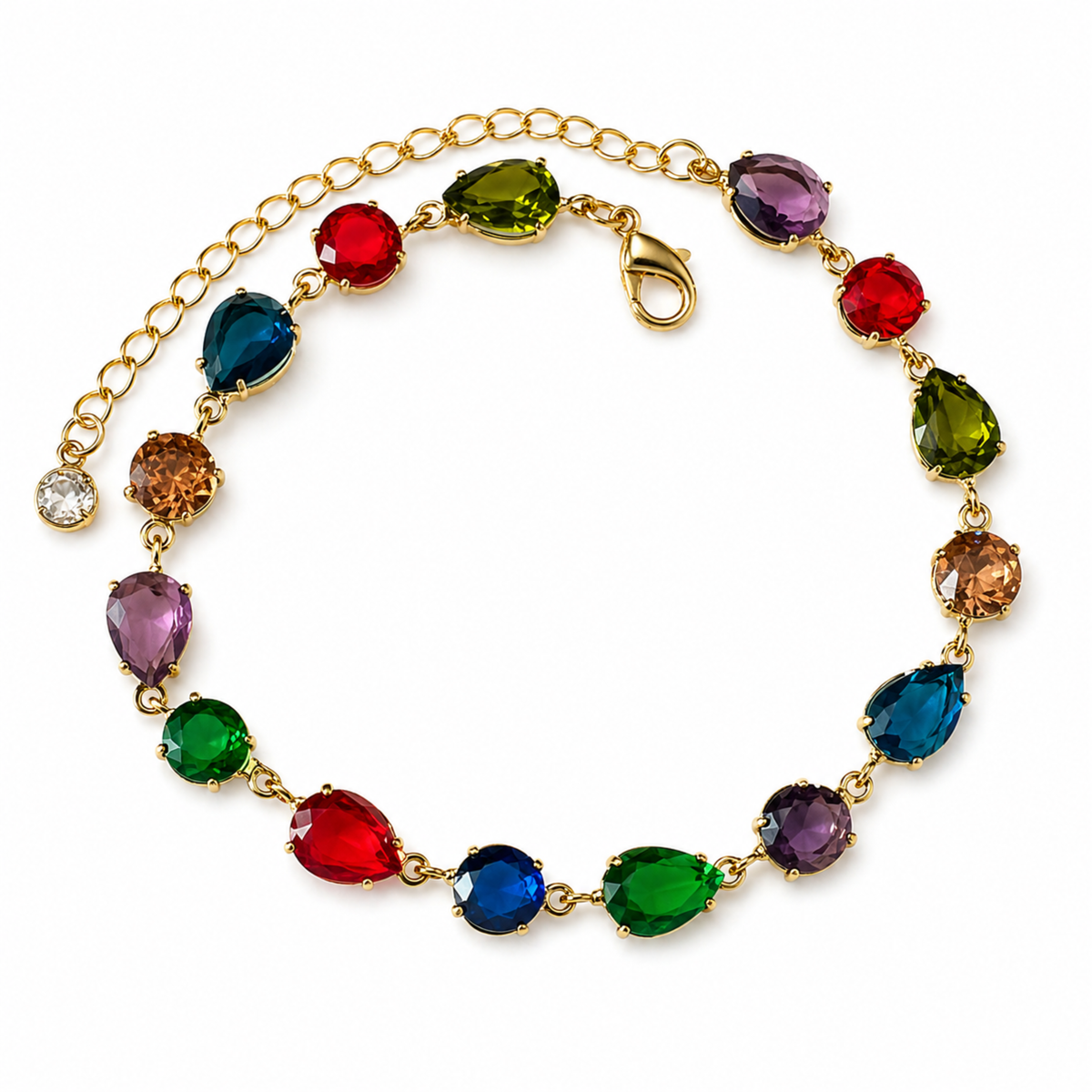 Gold-Plated Multi-Color Pear-Cut Crystal Rainbow Bracelet
