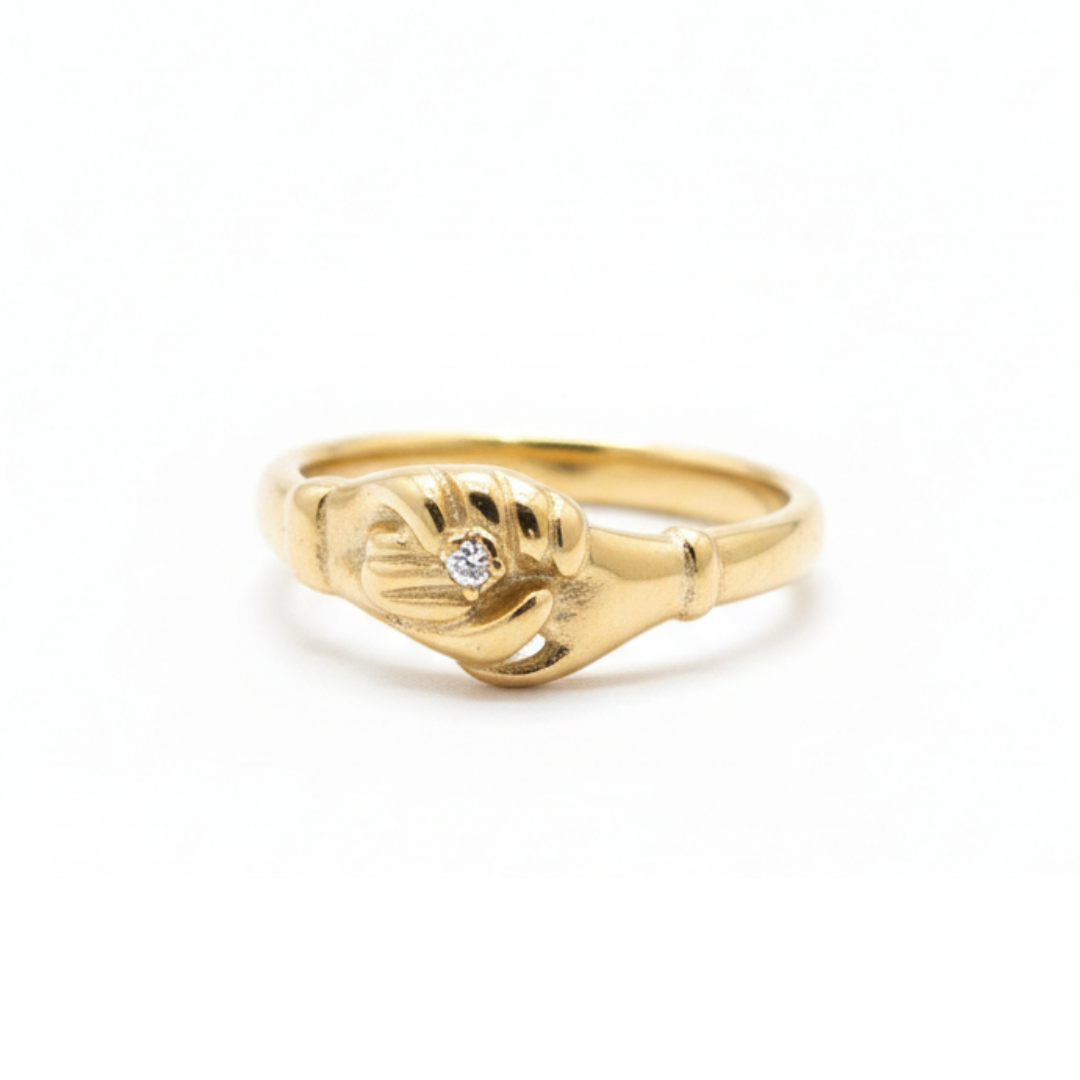 Vintage-Style Clasping Hand Motif Ring with Cubic Zirconia Accent