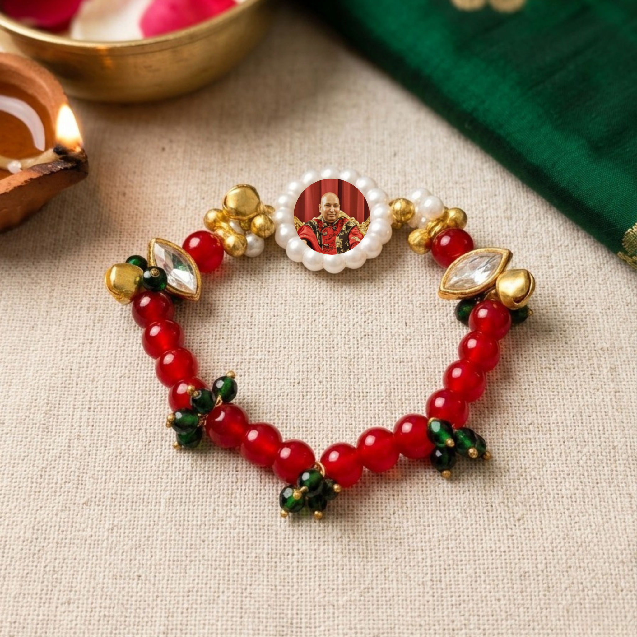 Divine Radiance: Traditional Red & Gold Devotional Bracelet with Pearl Frame