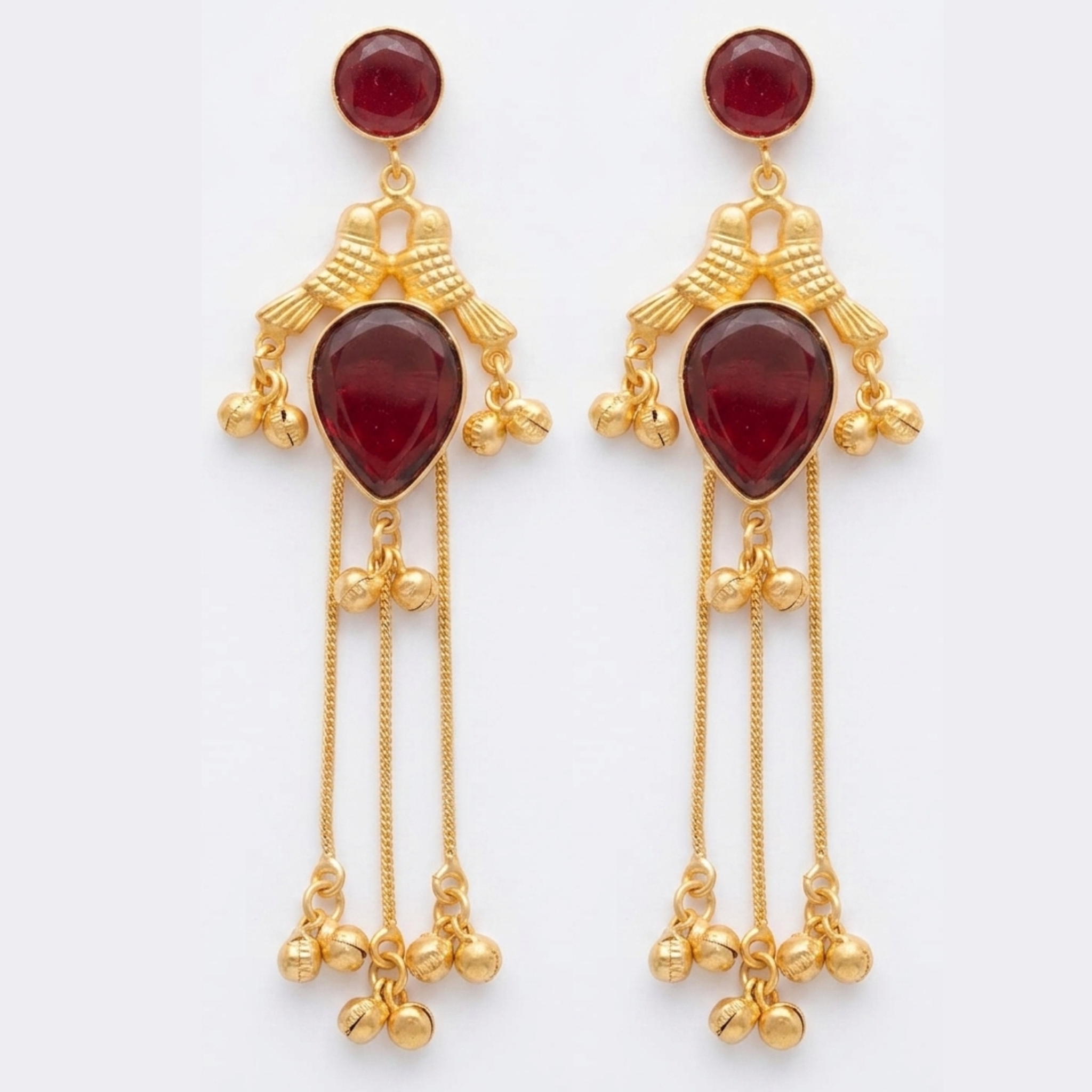 Antique Gold-Plated Ruby Bird Motif Long Dangle Earrings