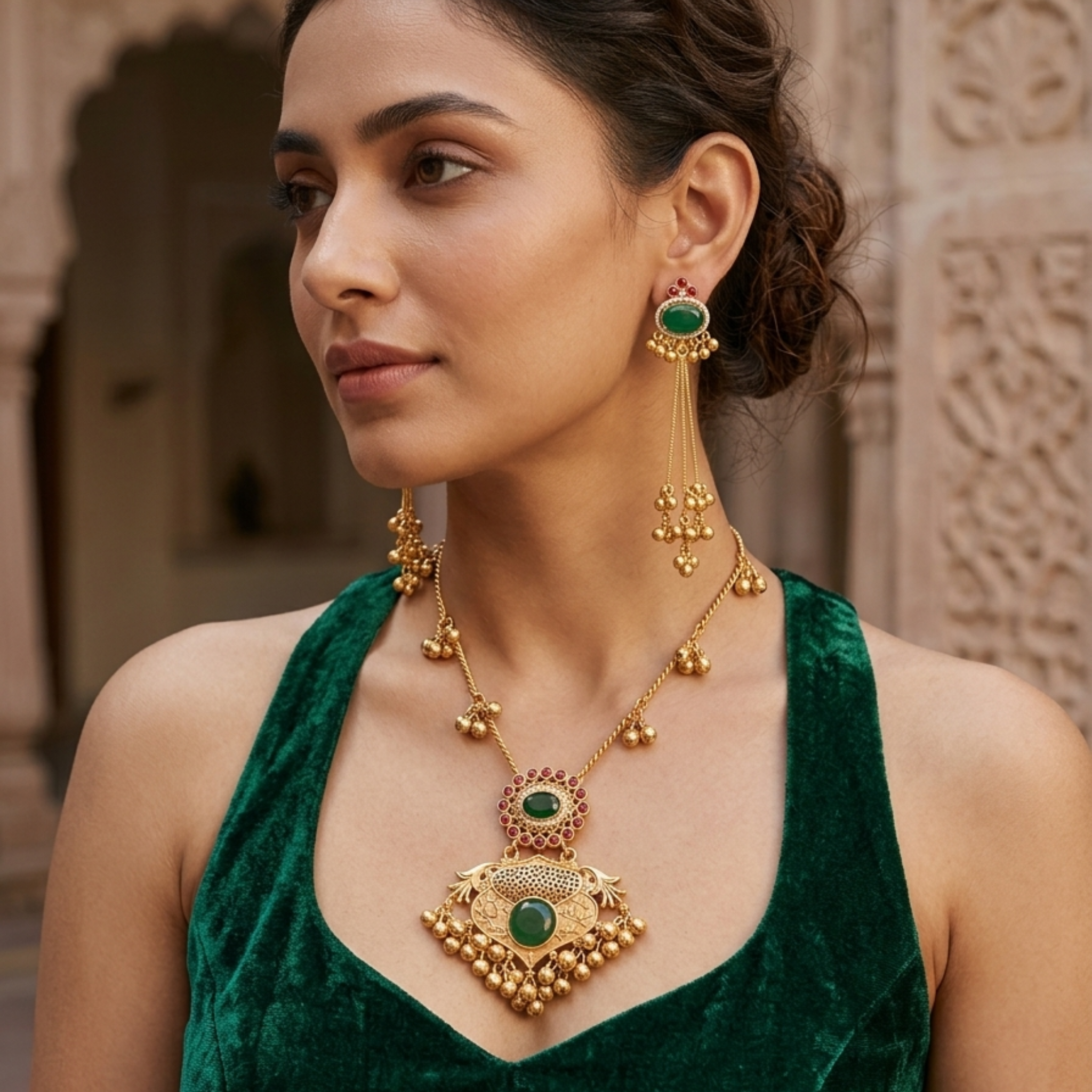 Royal Heritage 18k Gold Plated Pendant Necklace and Jhumka Drop Earring Set with Green Stones