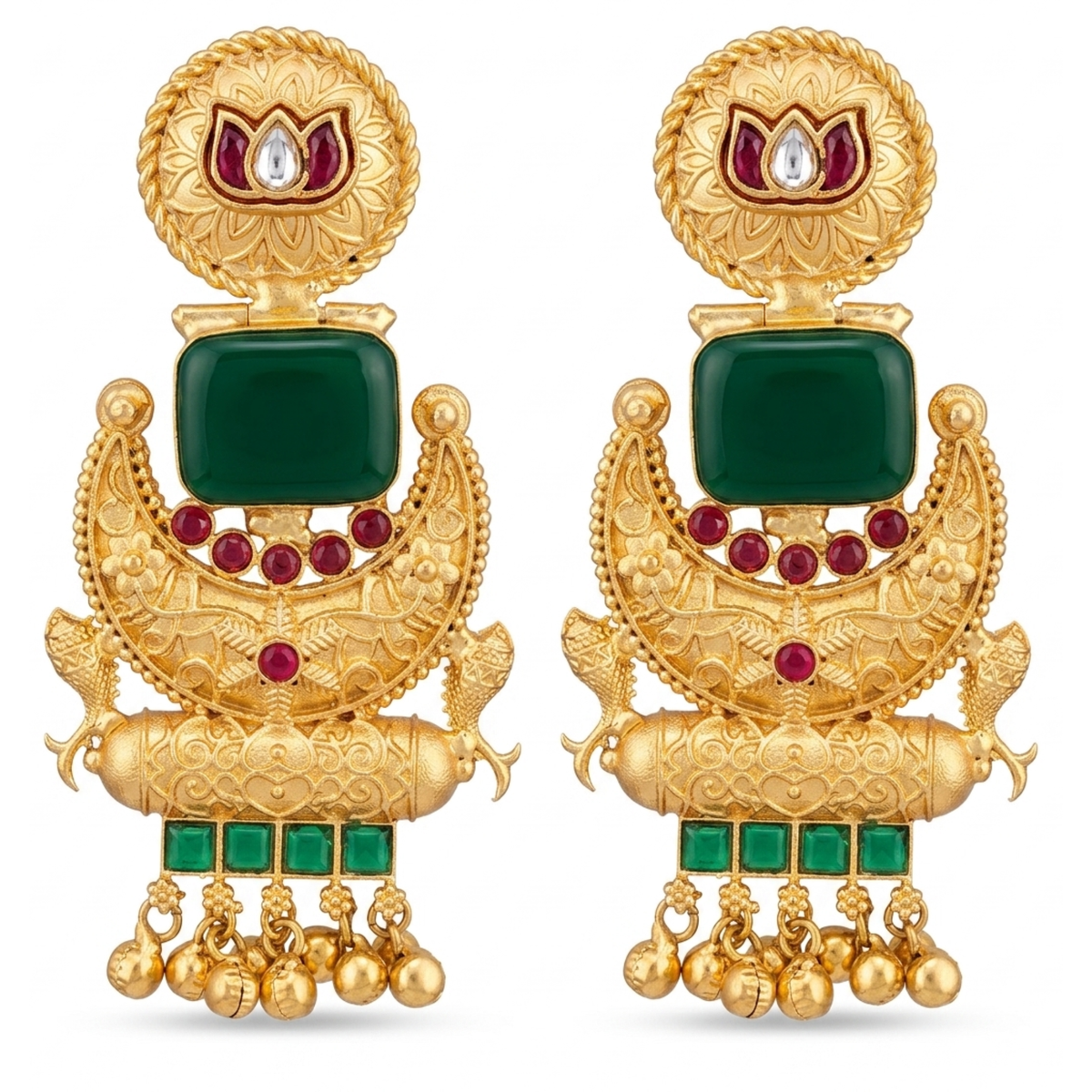 Chandbali Earrings with Royal Ruby Red & Emerald Green Stone Accents