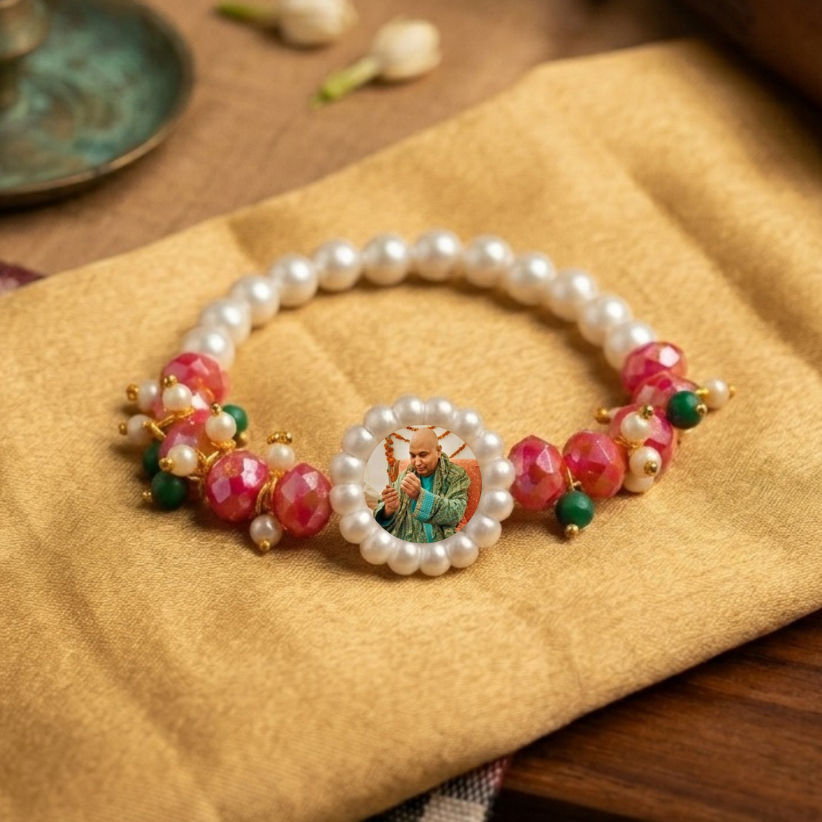 Divine Blessings Guru Ji Pearl & Faceted Rose Quartz Swaroop Bracelet