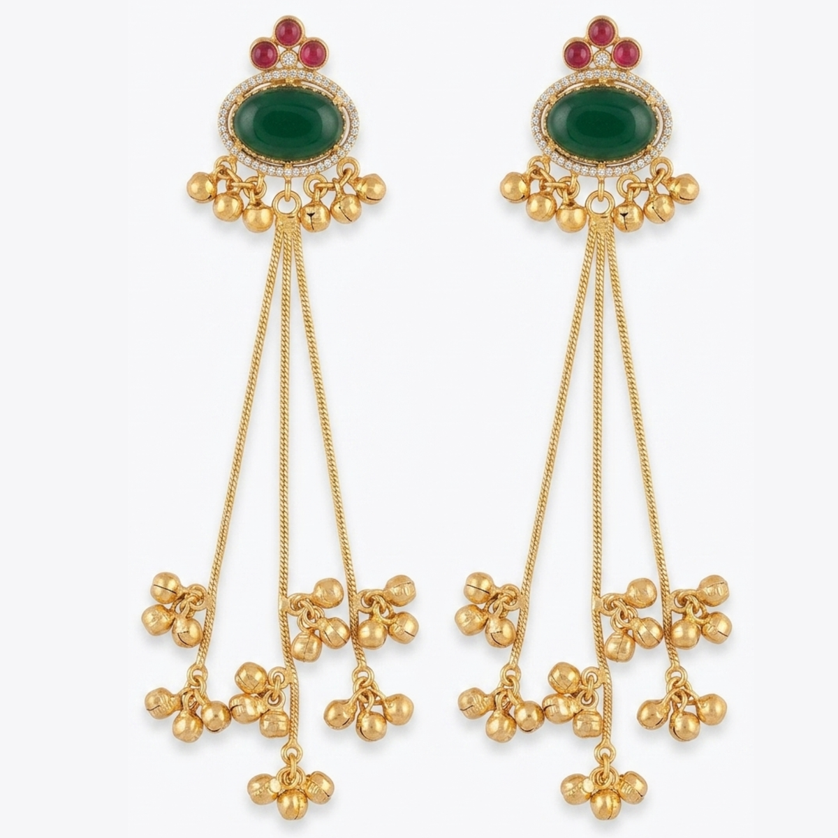 Long Chain Drop Earrings with Emerald Green Stone and Dangling Ghungroos