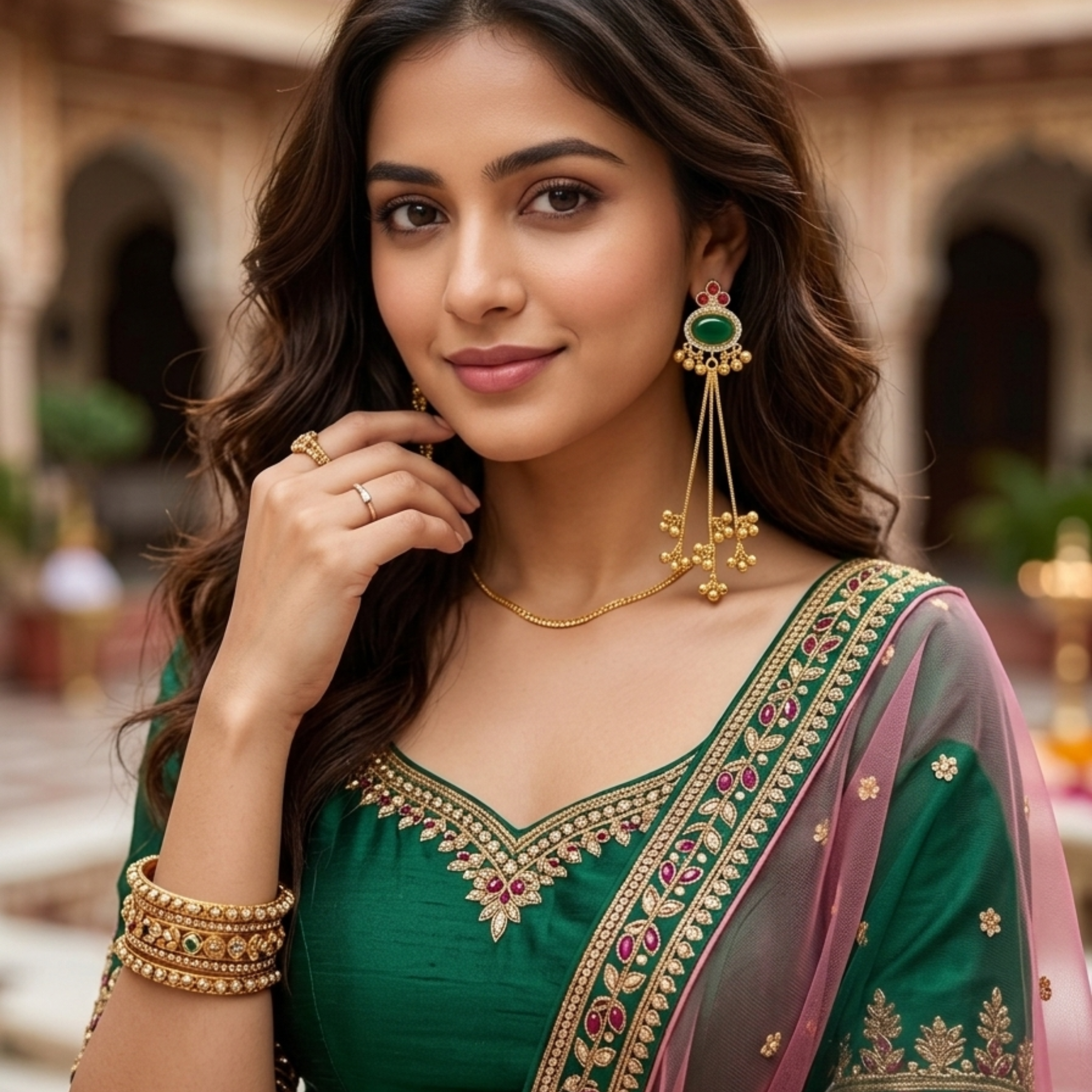 Long Chain Drop Earrings with Emerald Green Stone and Dangling Ghungroos