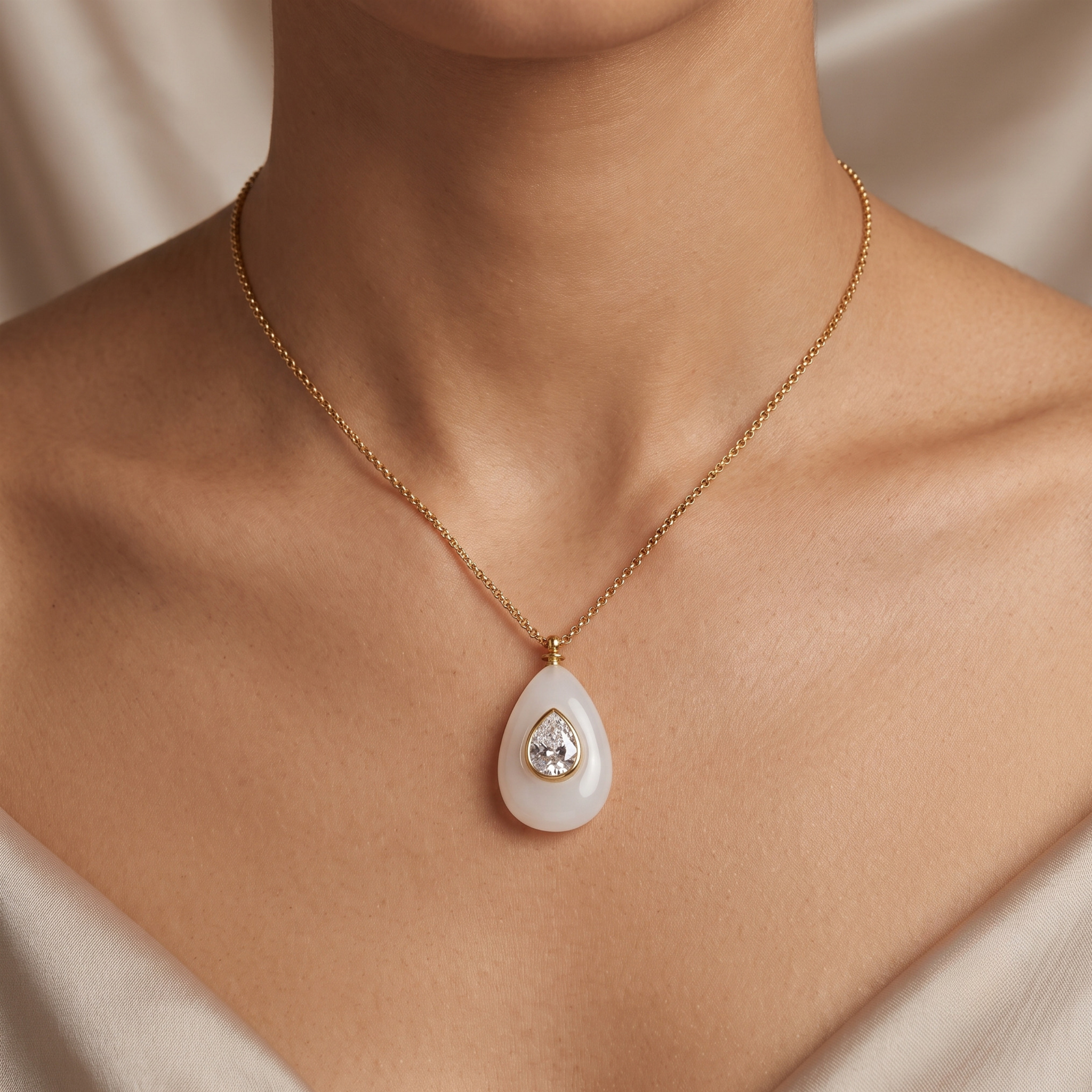 18K Gold Plated White Resin Teardrop Pendant Necklace with Zircon Center