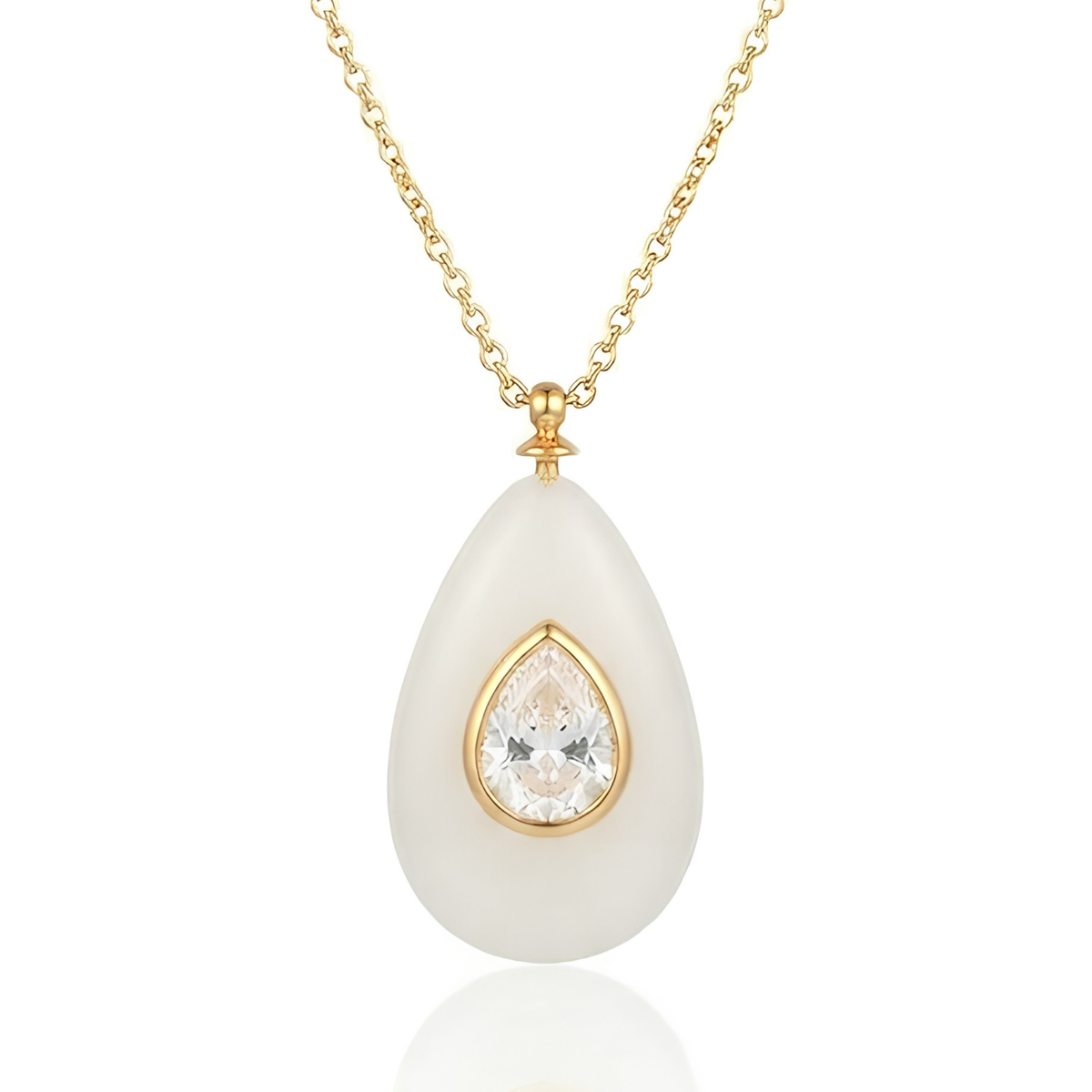 18K Gold Plated White Resin Teardrop Pendant Necklace with Zircon Center