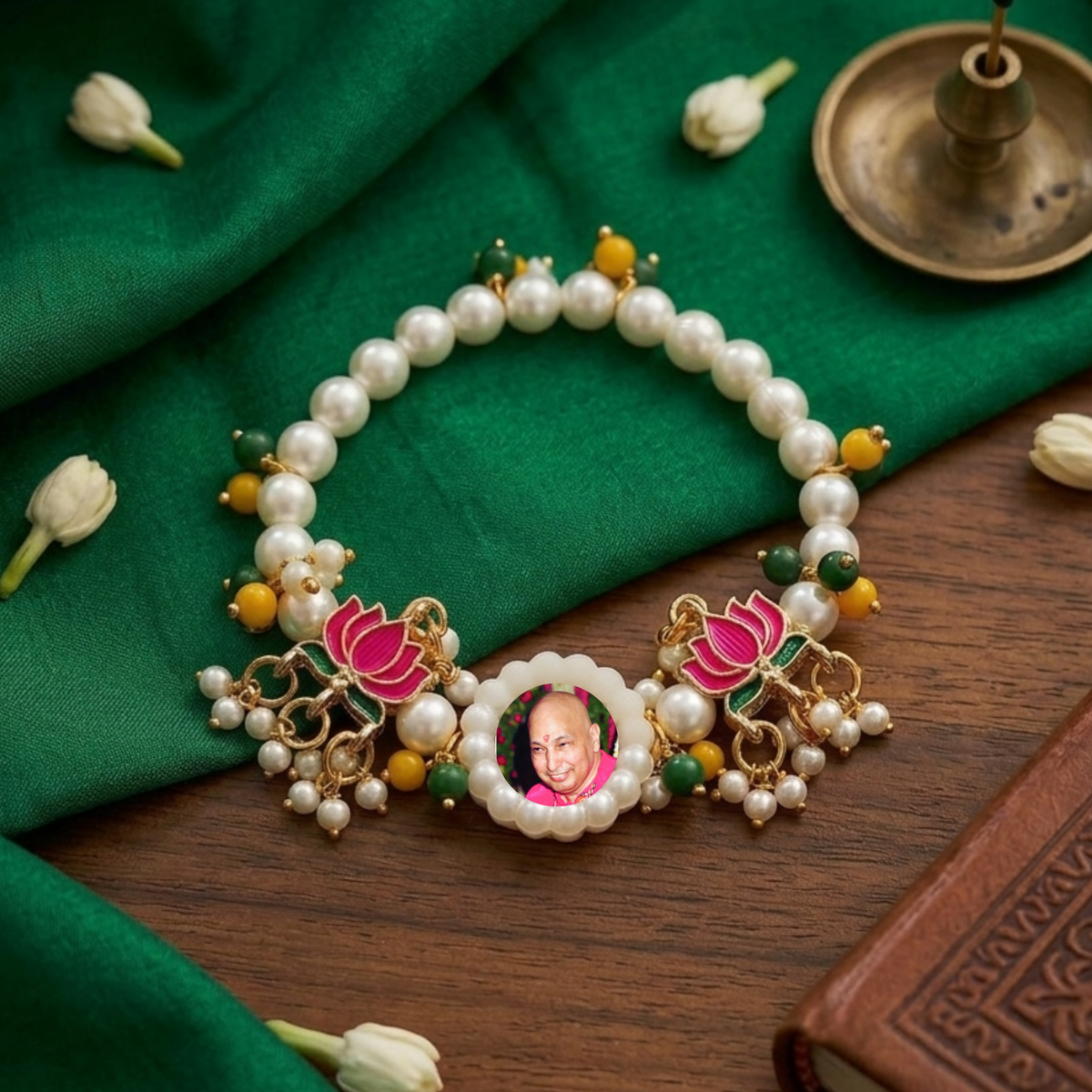 Guru Ji Divine Grace Pearl Bracelet with Enameled Pink Lotus Motifs