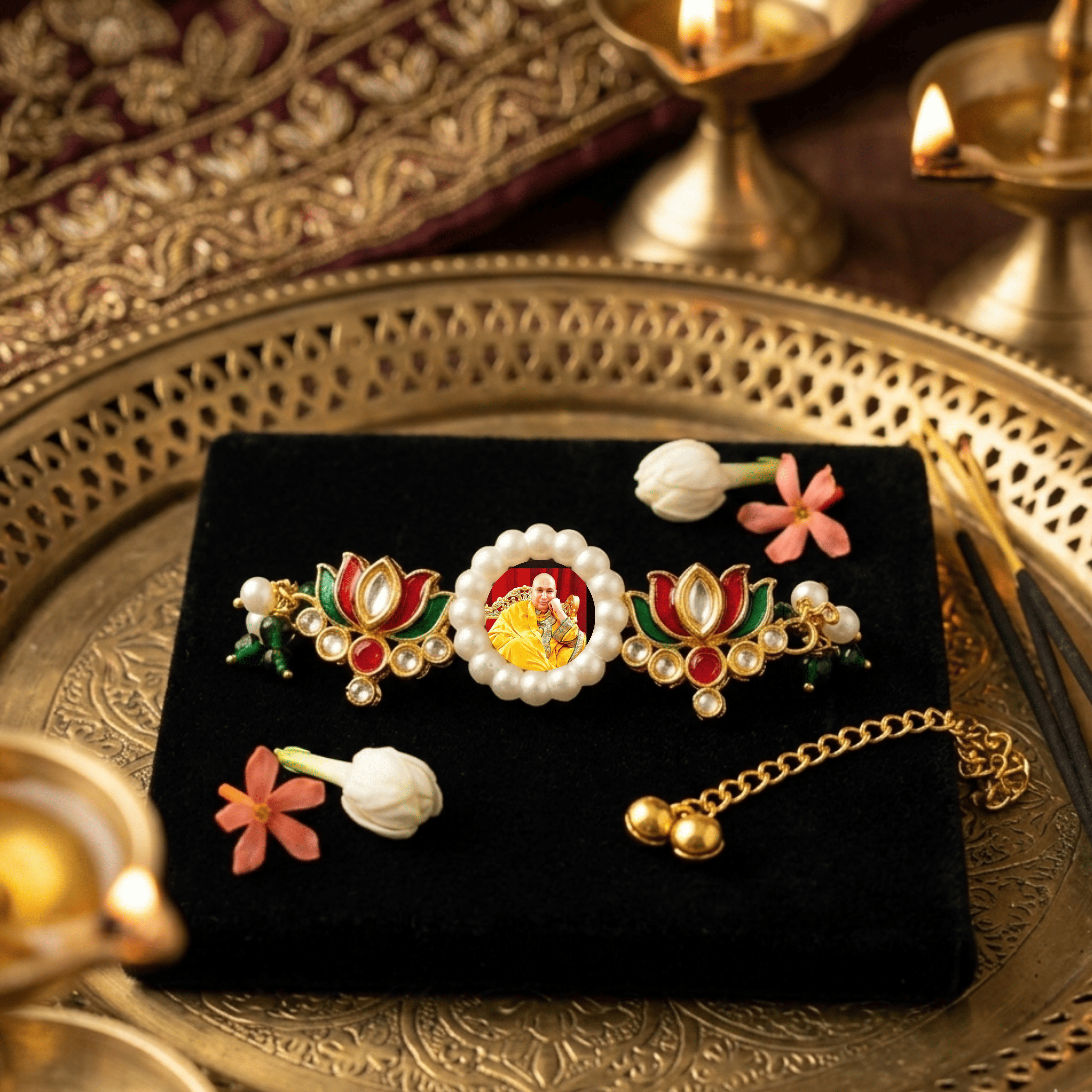Tri-Color Harmony: Guruji Swaroop Bracelet with Red & Green Lotus Enamel