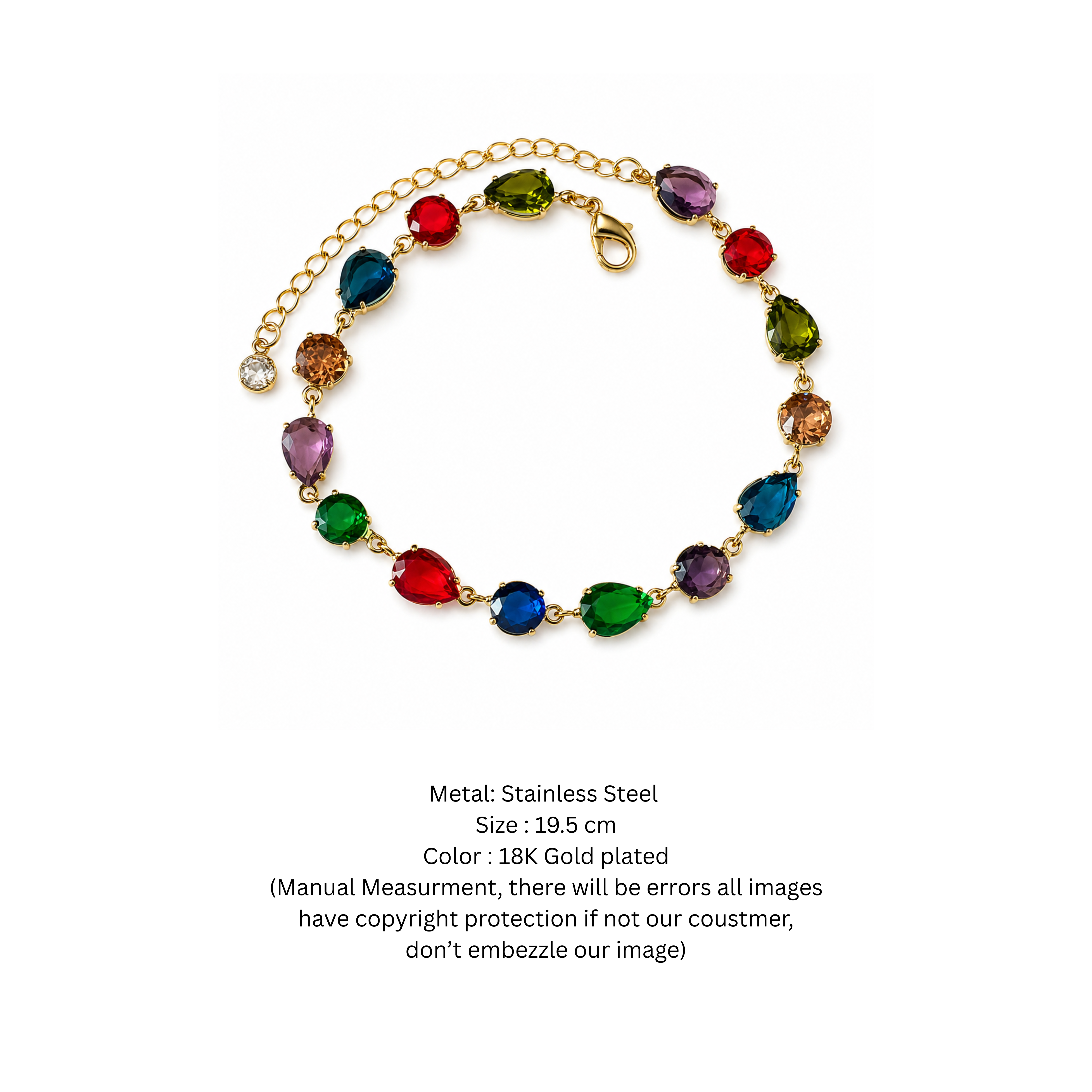Gold-Plated Multi-Color Pear-Cut Crystal Rainbow Bracelet
