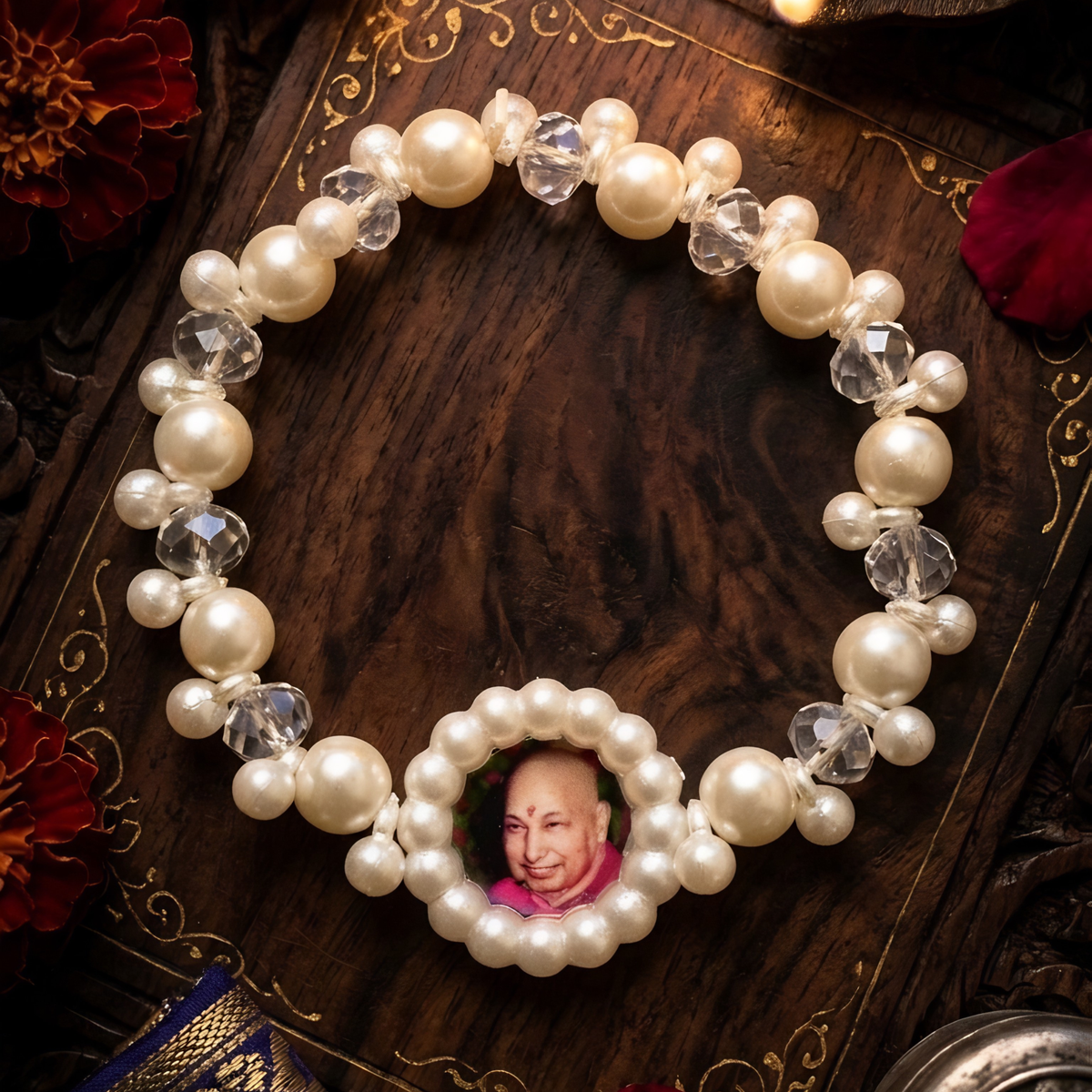 Eternal Radiance Guruji Swaroop Bracelet – Luxurious Handcrafted Pearl & Faceted Crystal Devotional Jewelry