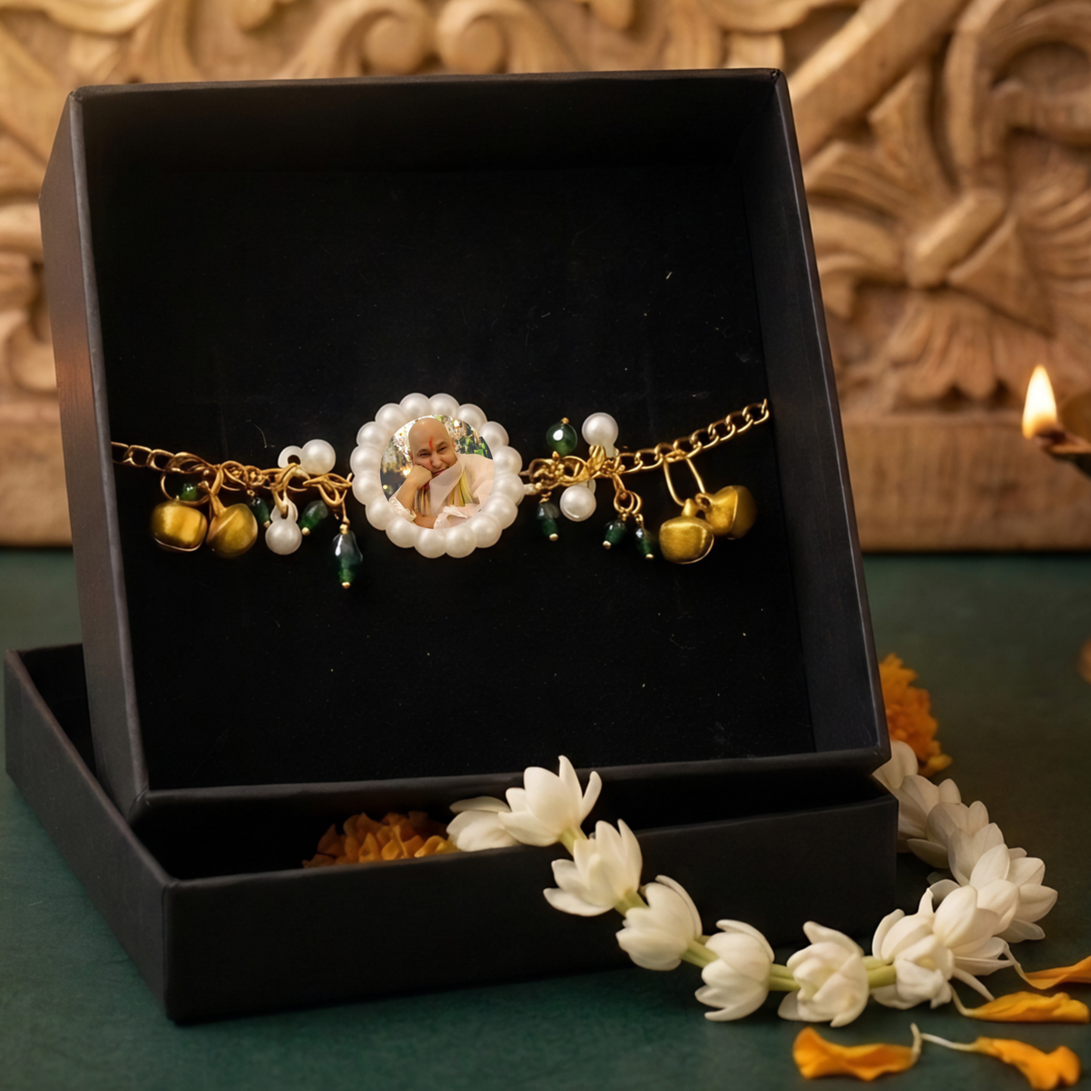 The Divine Aashirwad Bracelet: Handcrafted Guruji Swaroop Medallion with Pearls & Emerald Beads