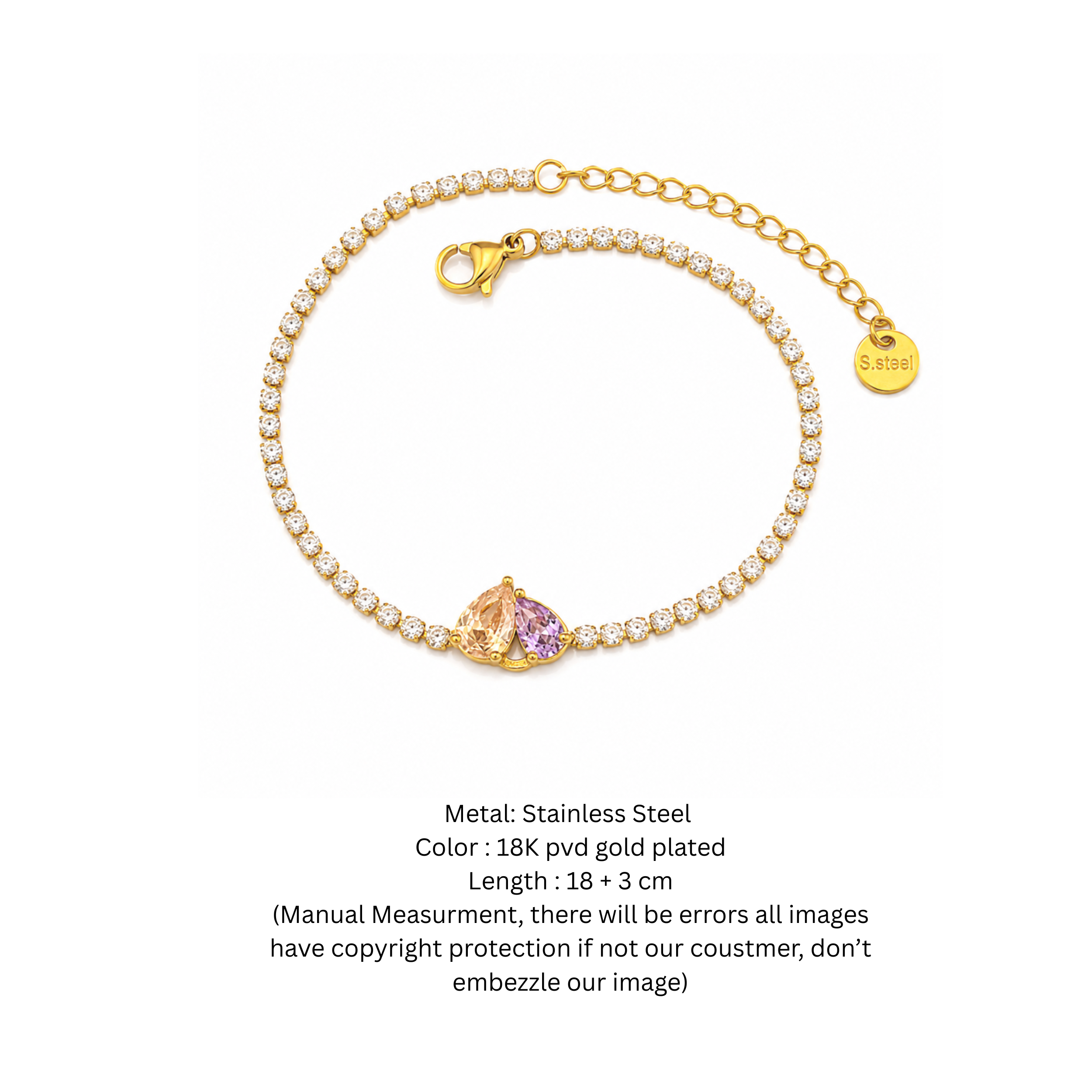 Gold-Tone Dual Teardrop Crystal Tennis Bracelet for Women | Stainless Steel Adjustable Bracelet | Elegant Everyday Jewelry