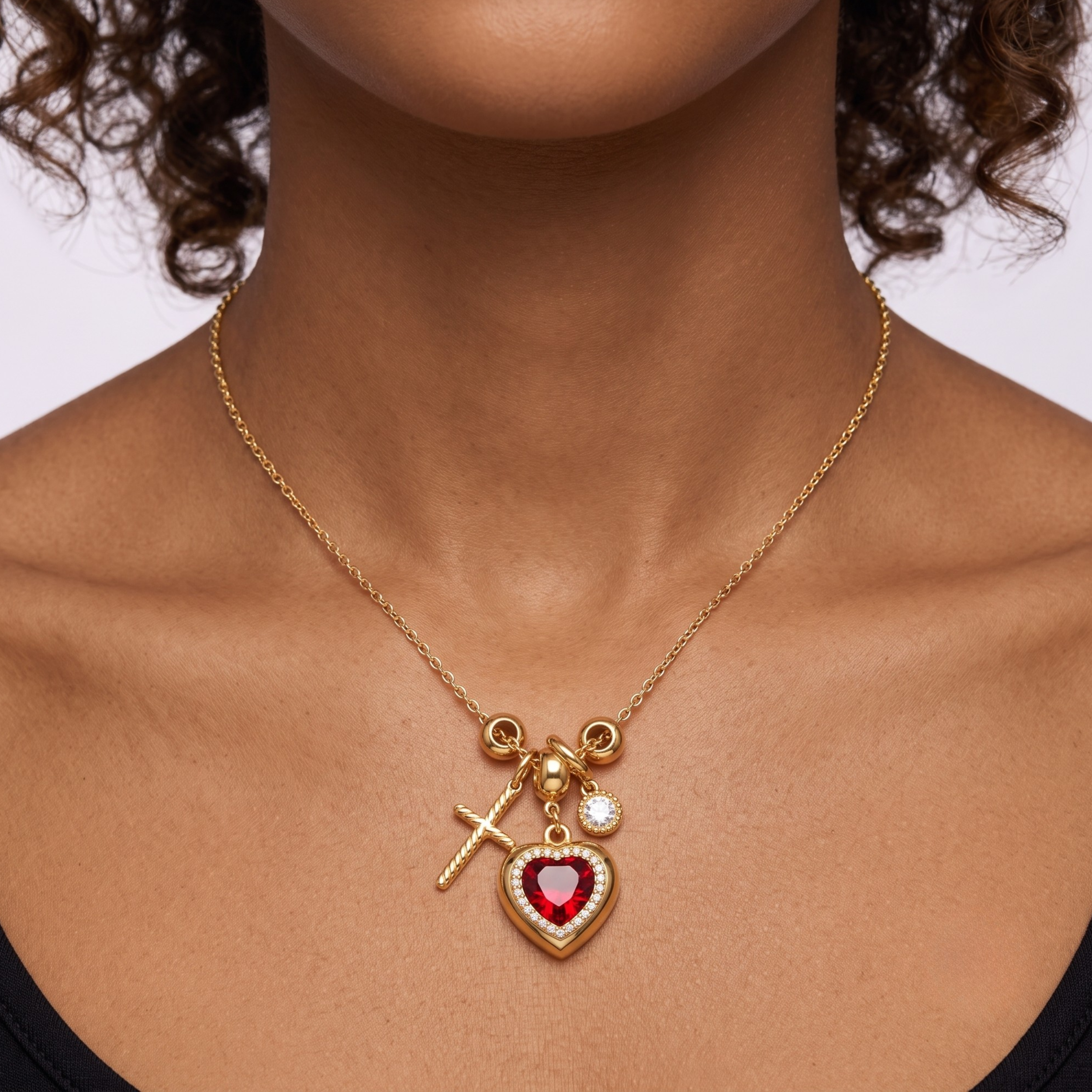 Gold Plated Ruby Red Heart Charm Pendant Necklace with Cross and Solitaire Accents