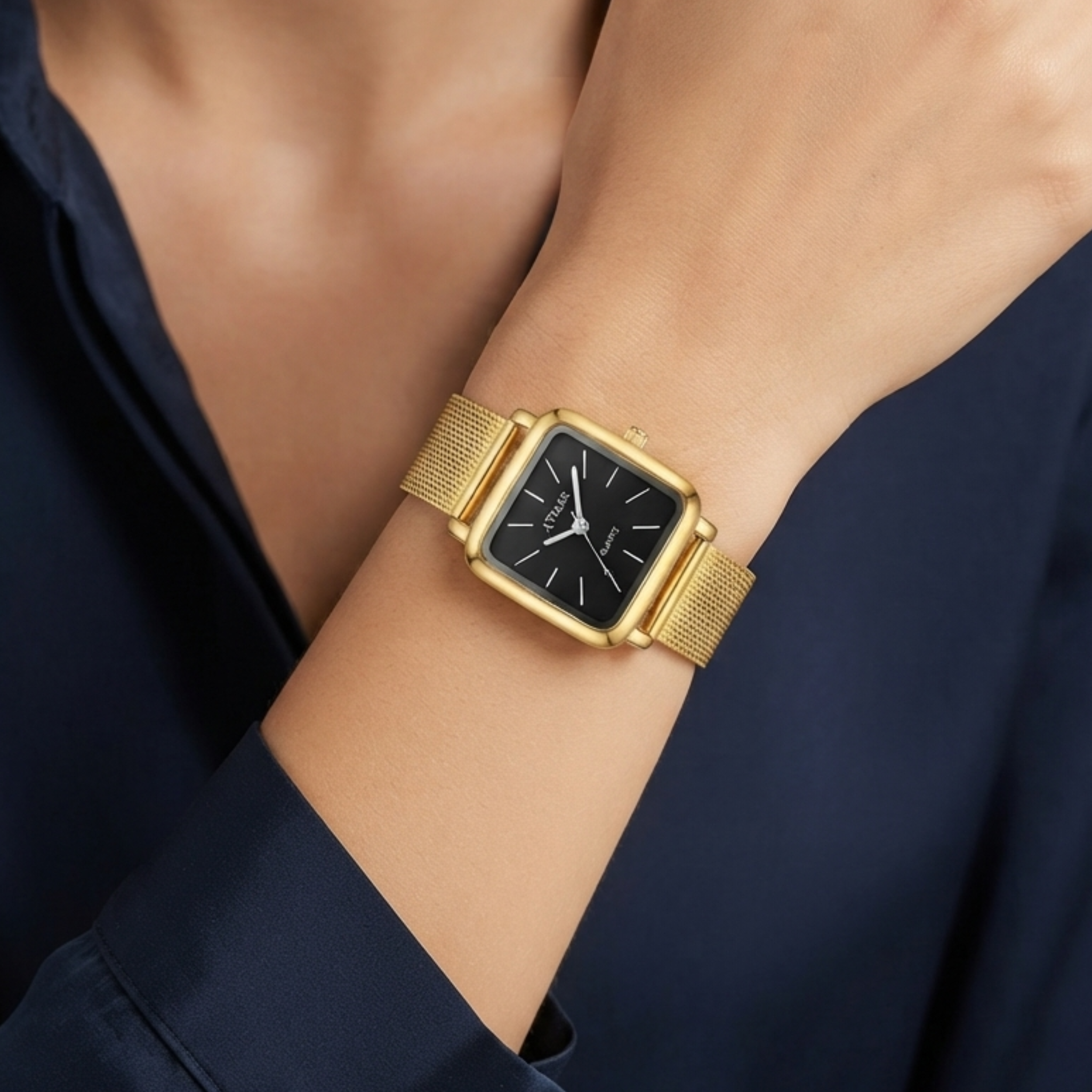 Minimalist Women's Square Gold Watch | Sleek Black Dial with Golden Line Markers & Mesh Strap