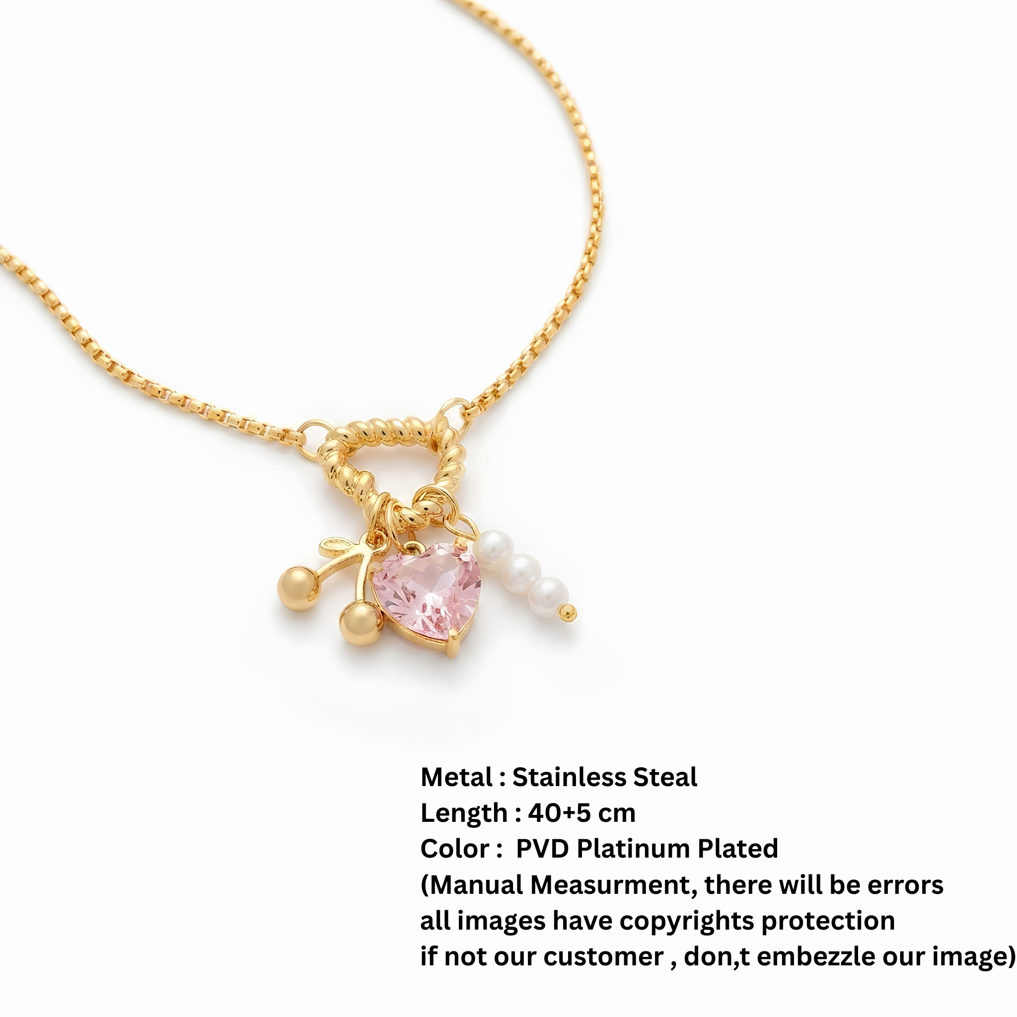 Sweetheart Cherry & Pearl Charm Pendant Necklace (18K Gold Plated)