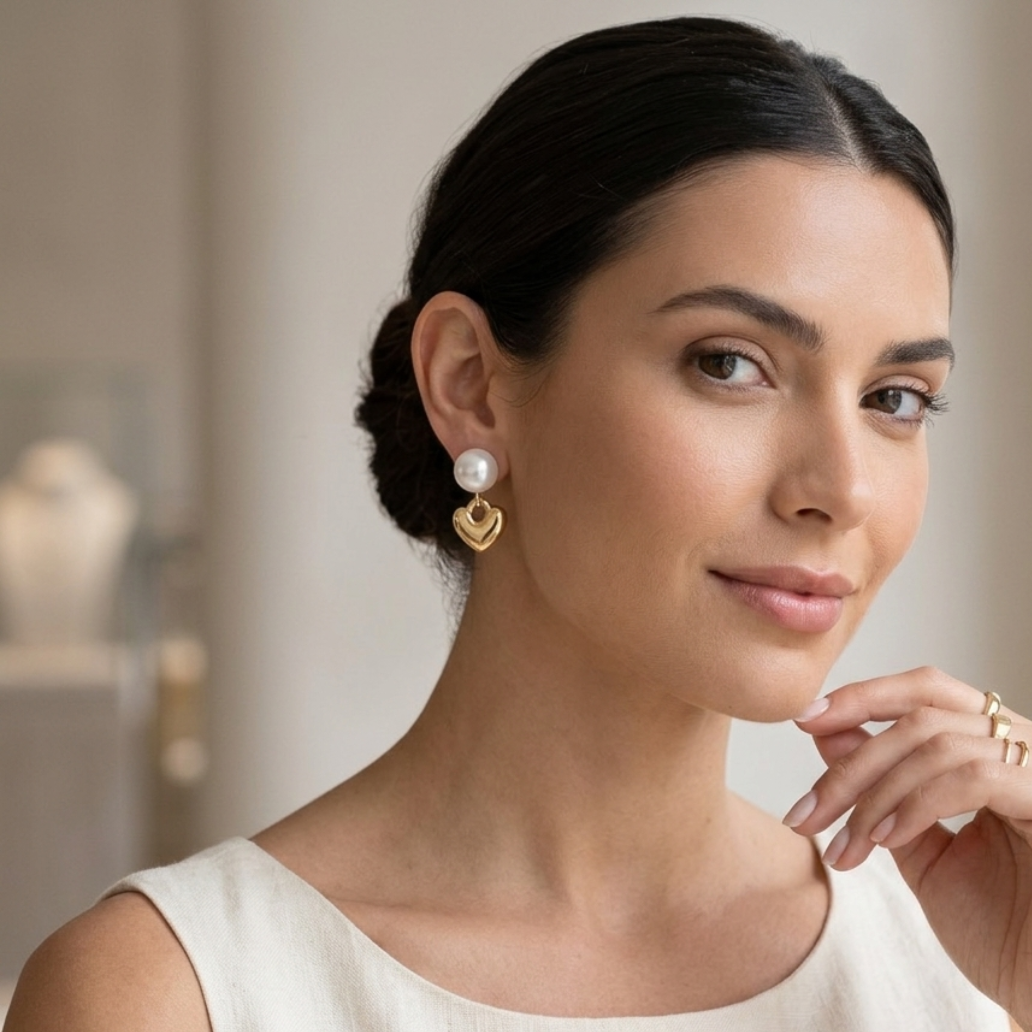 Pearl and heart drop earrings D475