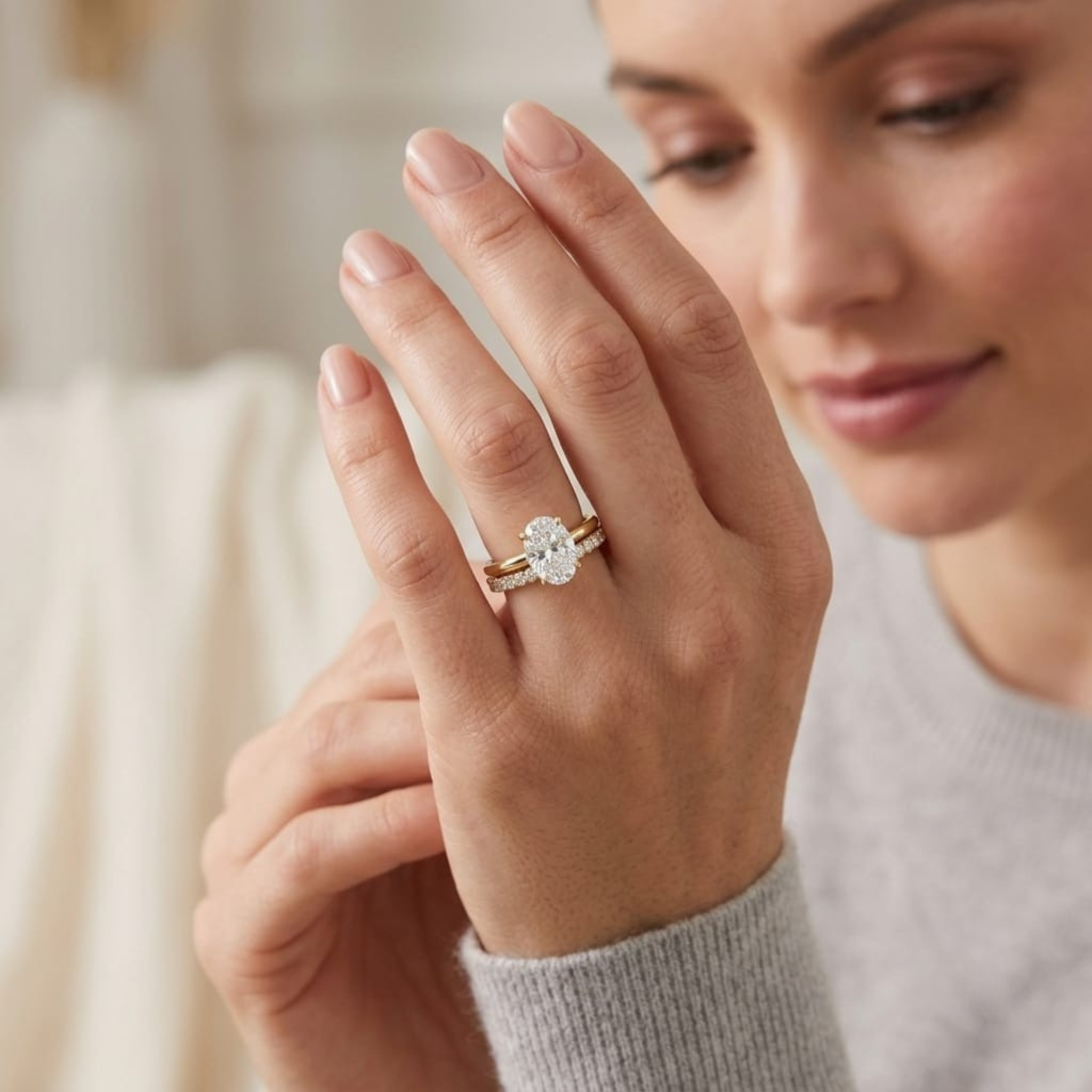 18K Gold Plated Oval Cut Solitaire with Pave Band Ring Set