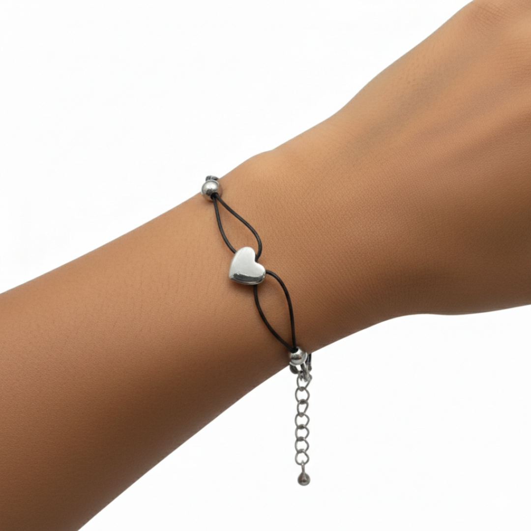 Silver-Tone Heart Charm Black Cord Friendship Bracelet