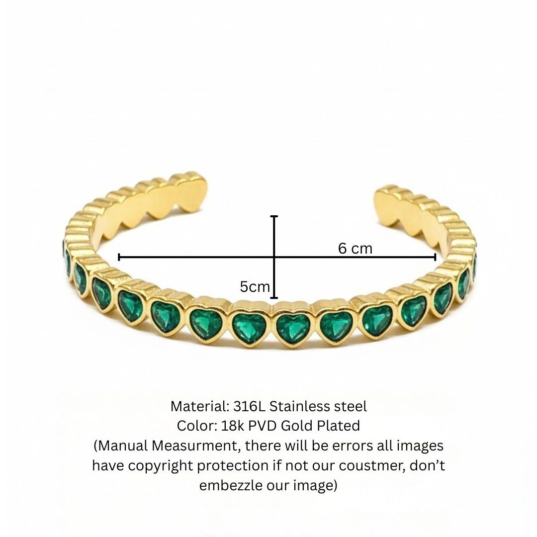 Heart-Cut Emerald Green Crystal Gold-Tone Open Cuff Bangle